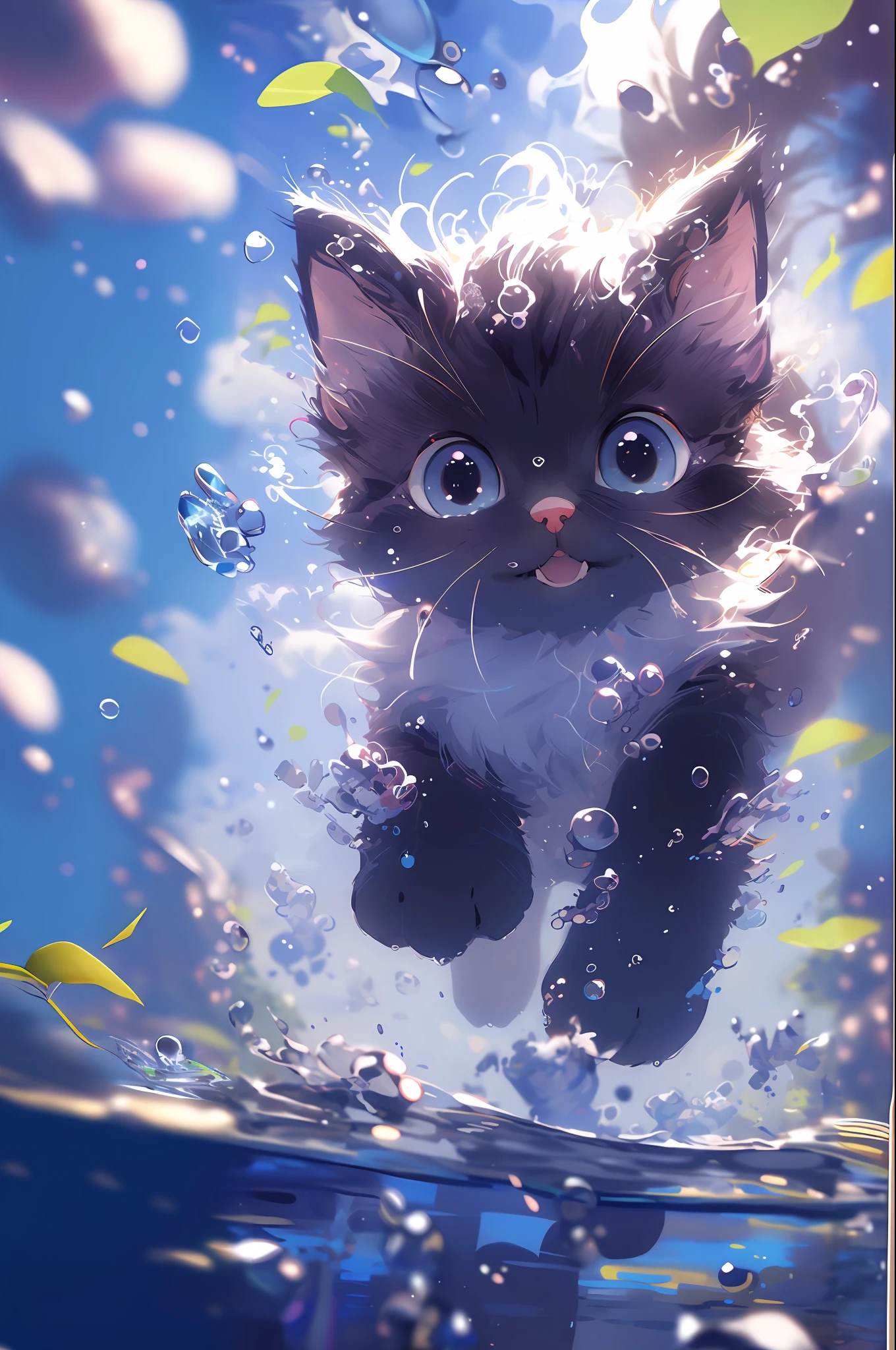 There is a cat floating in the water,There are bubbles, Cute detailed digital art, anime visual of a cute cat, cute detailed artwork, lovely digital painting, adorable digital art, anime cat, realistic anime cat, cute artwork, Anime art wallpaper 4k, Anime art wallpaper 4 K, 4k manga wallpapers, 4K anime wallpaper