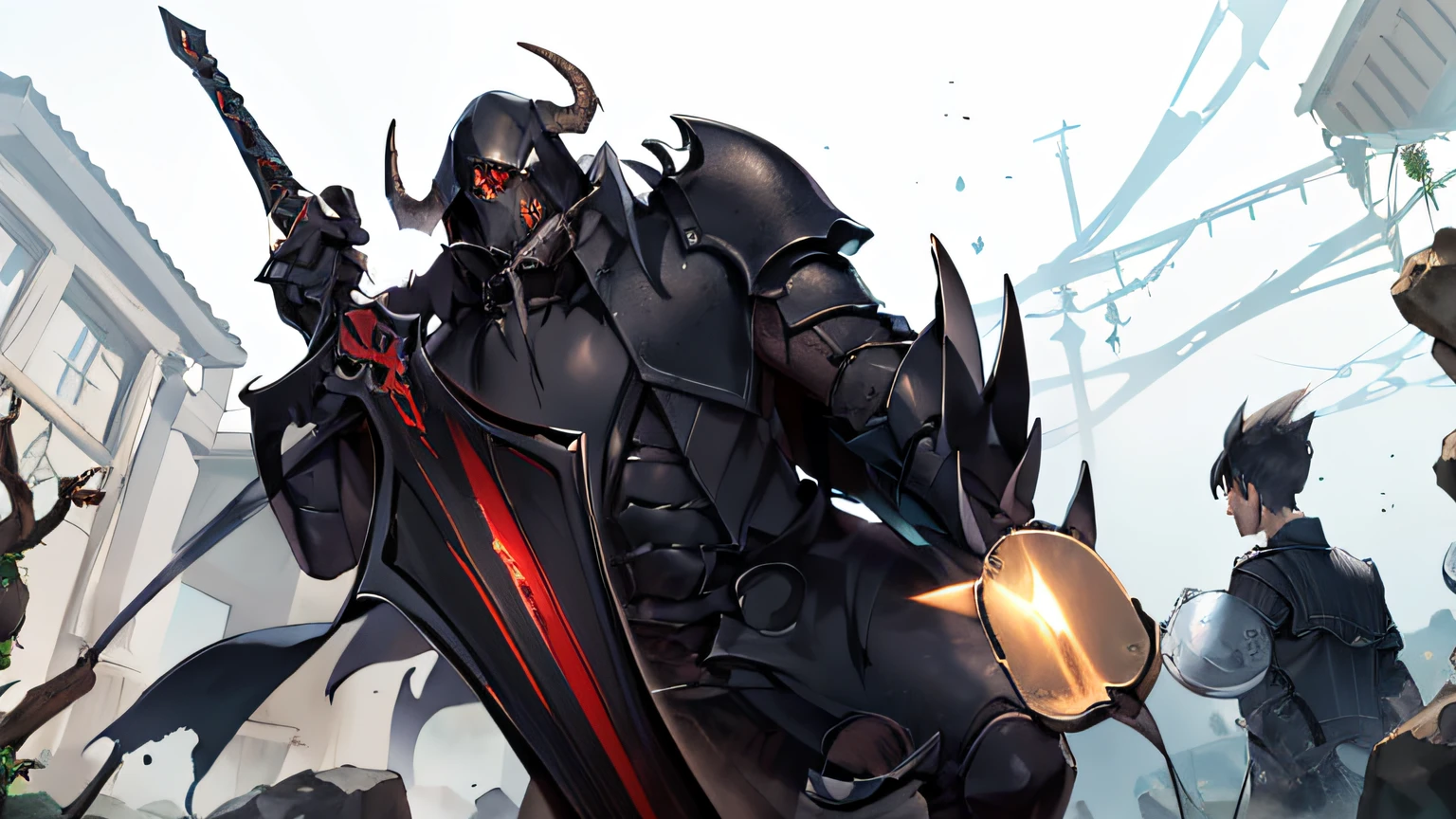 A dark guard in black heavy armor holds a demon sword in his hand，Three rookie adventurers were frightened silly，Medieval tavern，