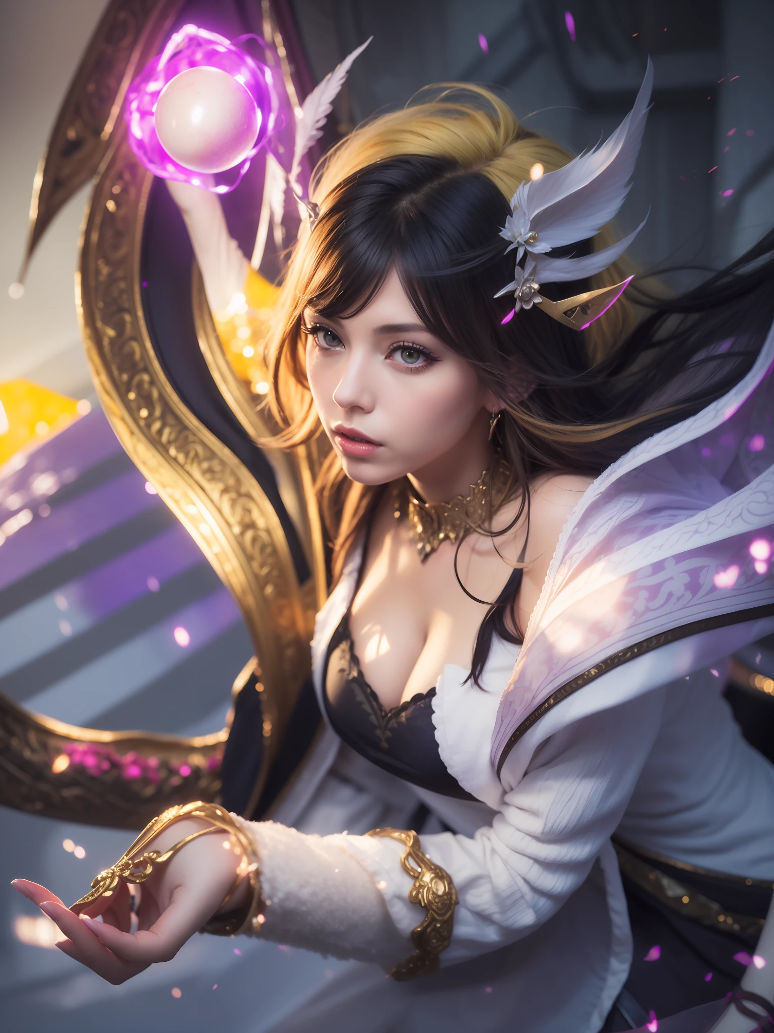 ((Best Quality, 4K, Masterpiece: 1.3)), (Detailed: 1.4), a woman in a white dress holding a purple ball, mobile legends, astri lohne, irelia, beautiful celestial mage, seraphine ahri kda, zenra taliyah, maya ali as a lightning mage, portrait knights of zodiac girl, alluring elf princess knight, Black arm woman, right arm black, Big Breast, Huge Breast, 4K, HD, Ultra Realistic, extremely detailed, purple orbs, Yellow hair and a bit of black color, Hair dominated yellow colour, blonde hair, asking hand pose