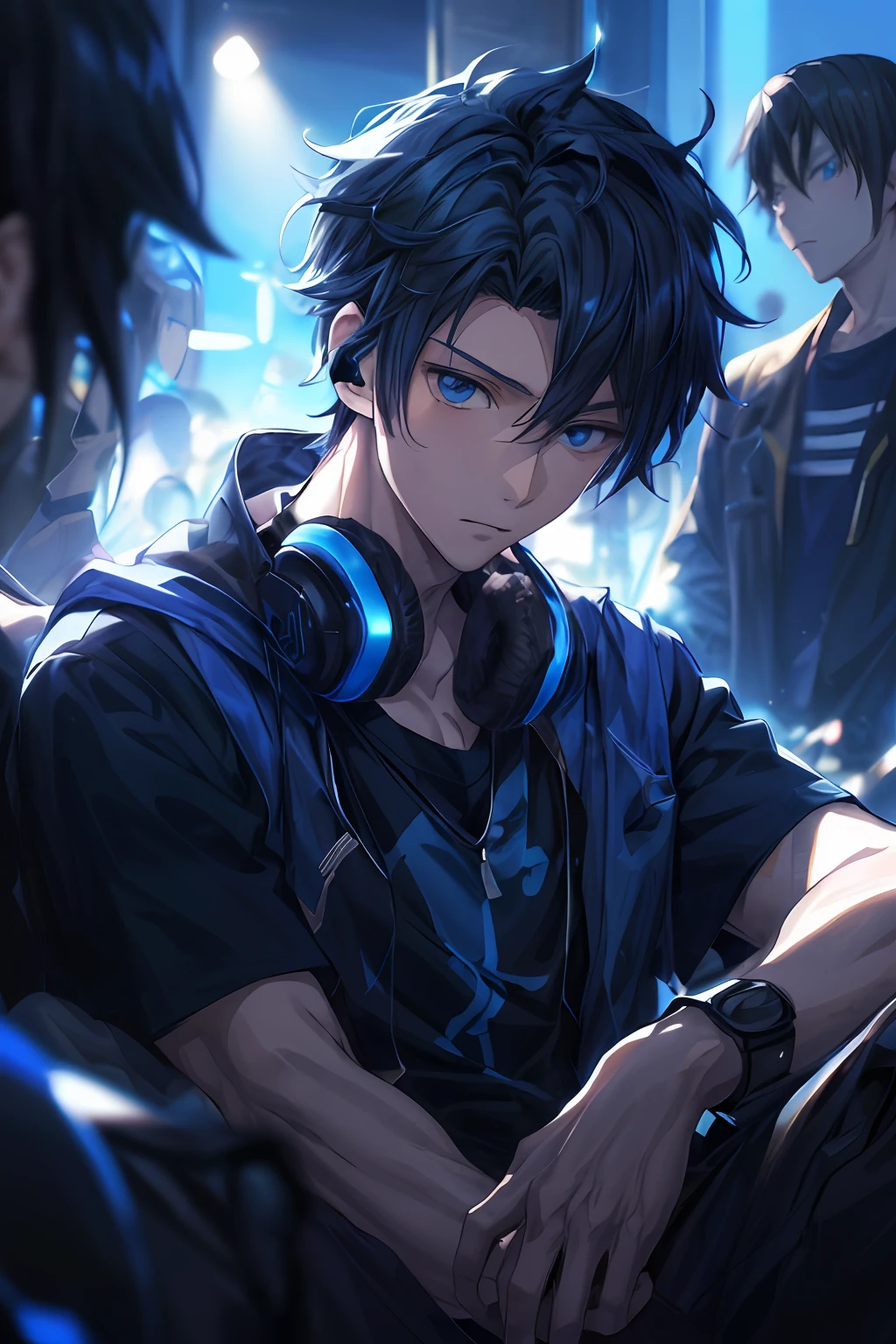 anime boy with headphones sitting on the ground in front of a crowd, anime boy, anime style 4 k, young anime man, profile picture 1024px, anime moe artstyle, tall anime guy with blue eyes, nightcore, handsome anime pose, 4k anime wallpaper, anime wallaper, anime handsome man, high quality anime artstyle