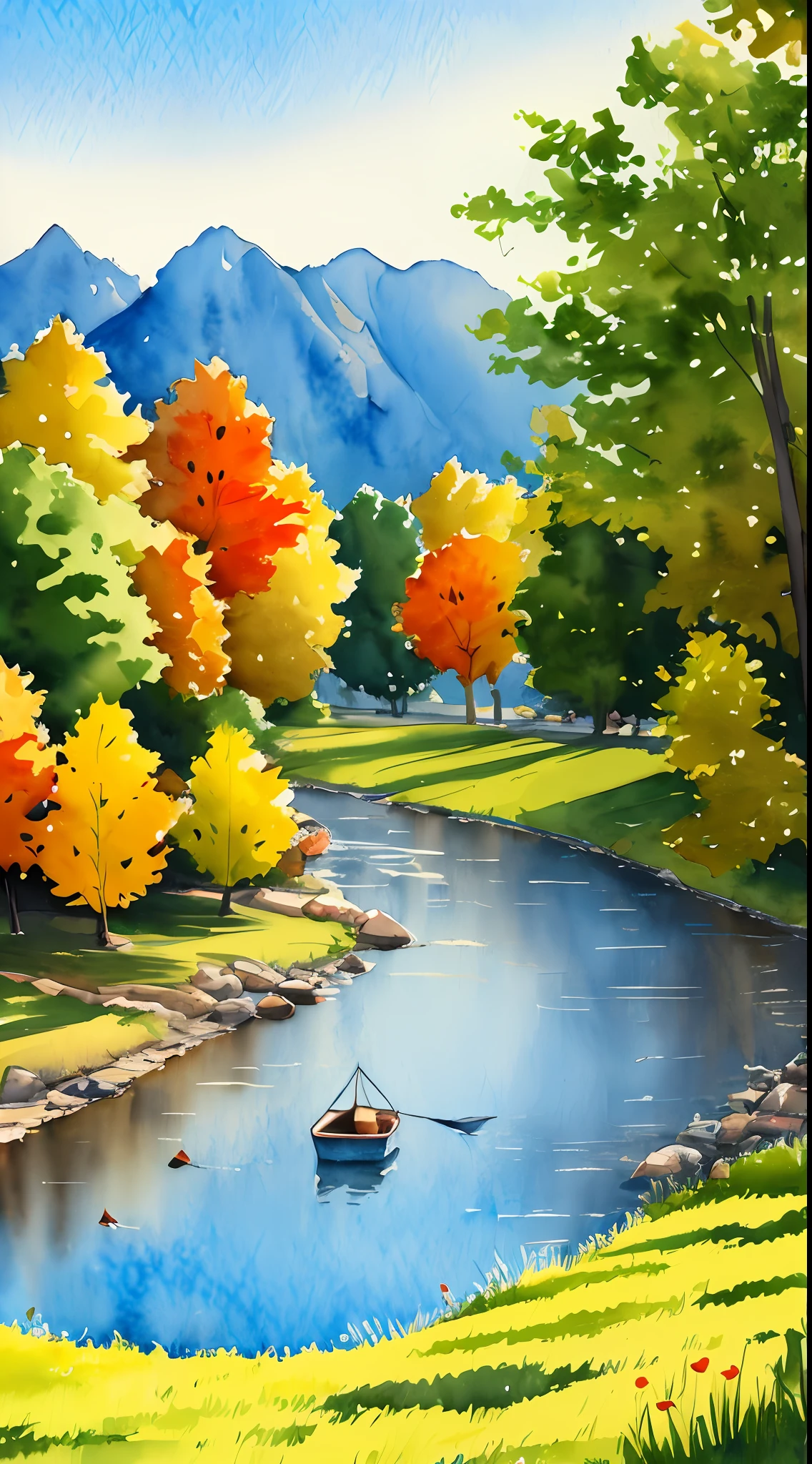 Rolling mountains,Small boats travel on the river,Pavilion,meandering rivers,(Outdoor view:1.5),Antique architecture,Falling leaves,(tmasterpiece),(Best picture quality),(Very detailed and uniform picture),(8k wallpaper),(Watercolor style painting),(light and shadow effect),Ultra photo realsisim,Landscape Photography