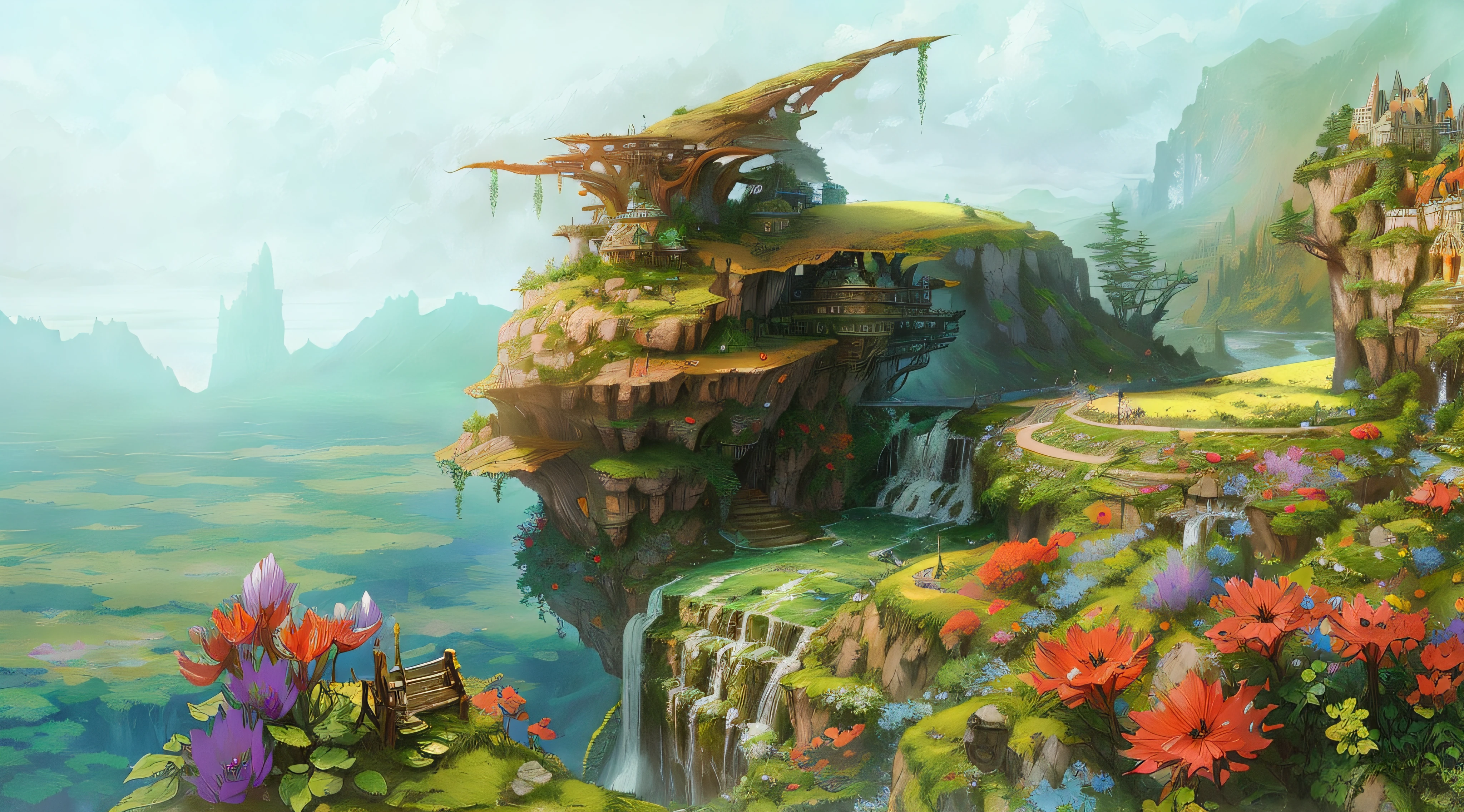 Painting of a fantasy castle with a waterfall on the cliff, highly detailed fantasy art, fantasy painterly style, detailed fantasy digital art, fantasy overgrown world, fantasy highly detailed, Anime fantasy artwork, Detailed digital 2D fantasy art, detailed fantasy art, fantasy architecture, fantasy style art, High fantasy landscape, 2. 5 D CGI anime fantasy artwork