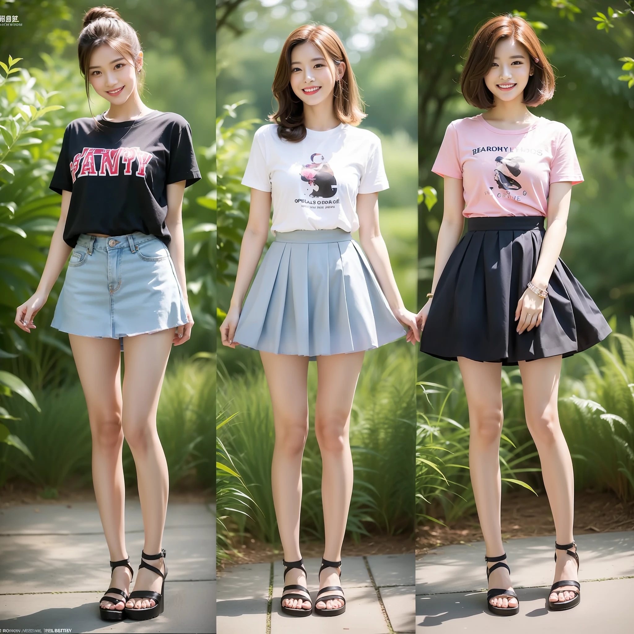 1 girl , realisticlying, best qualityer, ((Eye makeup))((((Lift up the long skirt)))),((sandals))((pantiess))(((Happy expression: 1.8)),full bodyesbian, (Larger chest), Twinkle, (20yr old), ((Skinny figure: 1.5)), (((tee shirt: 1.5)))), ((Nice hairstyle: 1.5)))), (((Raised Legs: 1.8))(((opening legs: 1.8)),((((ankle)))),((((Toes))))