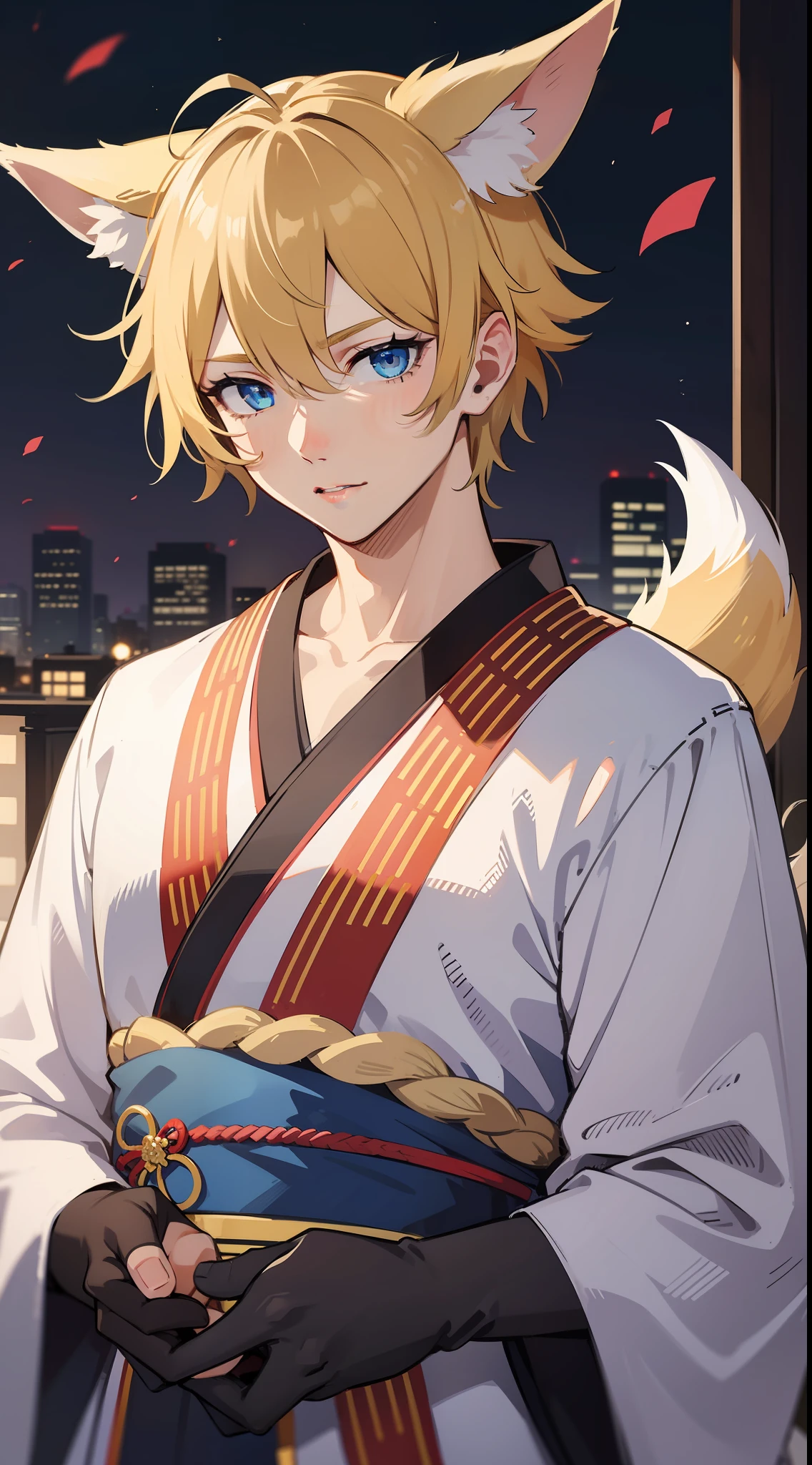 Adult man, short blond hair, white fox ears, blue eyes, Fox tails, kimono, Masterpiece, hiquality