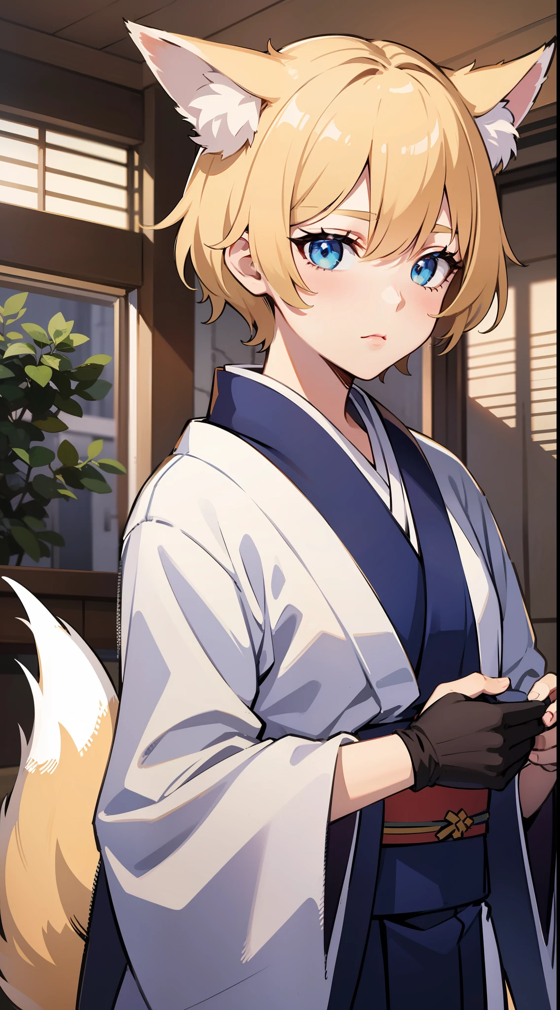Adult man, short blond hair, white fox ears, blue eyes, Fox tails, kimono, Masterpiece, hiquality
