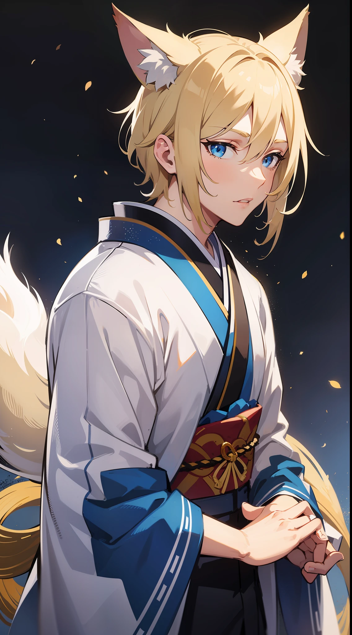 Adult man, short blond hair, white fox ears, blue eyes, Fox tails, kimono, Masterpiece, hiquality