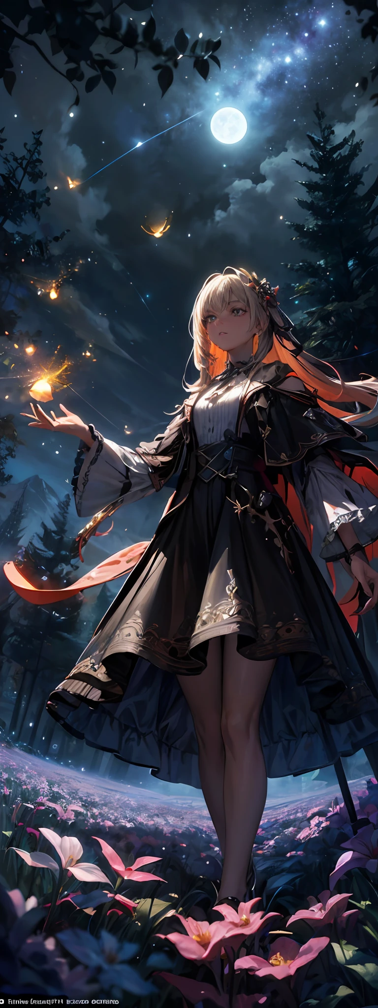 Vast landscape photo, (viewed from below, the sky is above and the open field is below), a girl standing on a flower field looking up, (full moon: 1.2), (meteor: 0.9), (nebula: 1.3), distant mountains , Trees BREAK Crafting Art, (Warm Light: 1.2), (Fireflies: 1.2), Lights, Lots of Purple and Orange, Intricate Details, Volumetric Lighting, Realism BREAK (Masterpiece: 1.2), (Best Quality), 4k, Ultra-Detailed, (Dynamic Composition: 1.4), Very Detailed, Colorful Details, (Rainbow Colors: 1.2), (Glow Lighting, Atmospheric Lighting), Dreamy, Magical, (Solo: 1.2)
