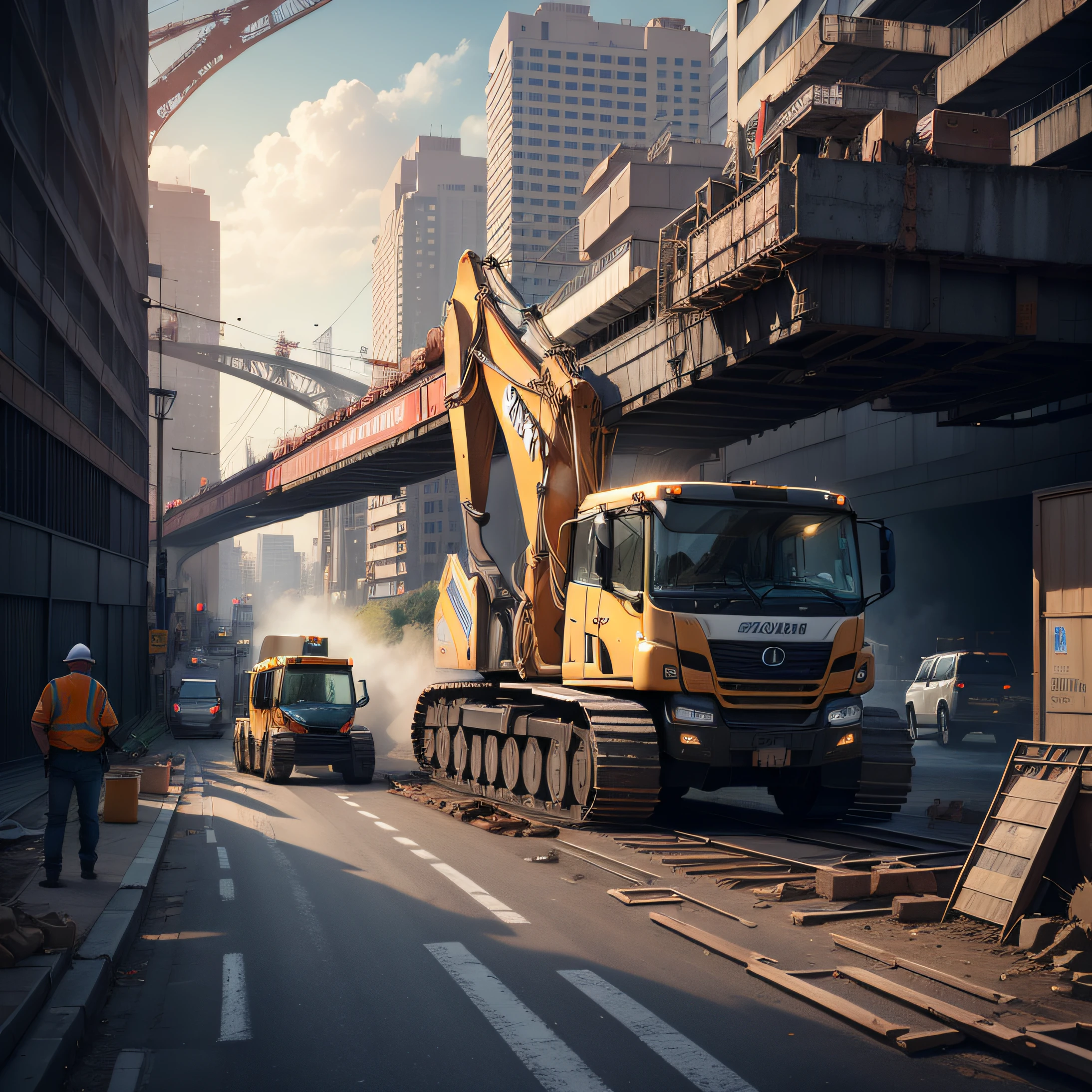 In the city, roads and bridges under construction have a lot of machines and workers