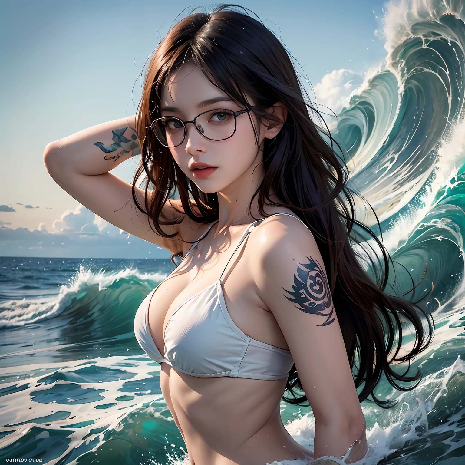 Girl with glasses，（best qualtiy，8K，tmasterpiece:1.3），Goose egg face，largeeyes，long eyelasher，With bangs，Cool handsome，Domineering，Exquisite（live-action realistic style），Star-like eyes，Ultimate face，Photorealistic light and shadow，Clear facial features，Milky white skin，Fair skin， highdetailskin， Realistic skin details， Visible Pore，（Super detail），Petite body，（perfect bodies：1.1），Carmelto， full bodyesbian，beachside，swim wears，sandbeach，Tattooed with，（（dynamicposes），and hold your head in your hands，Be red in the face），（（early evening，Get wet with water）），((Dynamic background((Rough waves)) ，Dramatic scenes