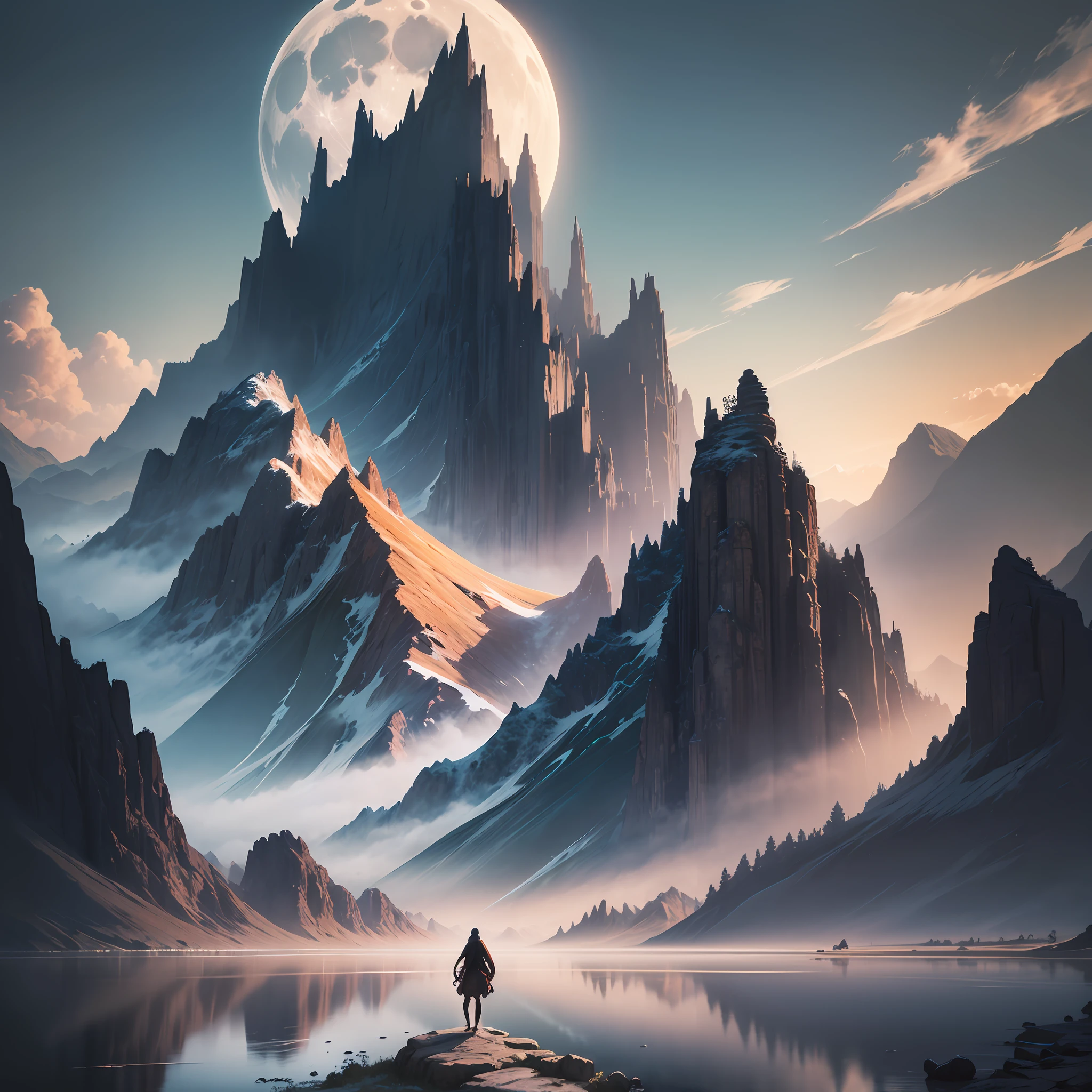 mountains and a lake with a moon in the sky, 4k highly detailed digital art, 4 k hd wallpaper very detailed, impressive fantasy landscape, sci-fi fantasy desktop wallpaper, unreal engine 4k wallpaper, 4k detailed digital art, sci-fi fantasy wallpaper, epic dreamlike fantasy landscape, 4k hd matte digital painting, 8k hd wallpaper digital art --auto