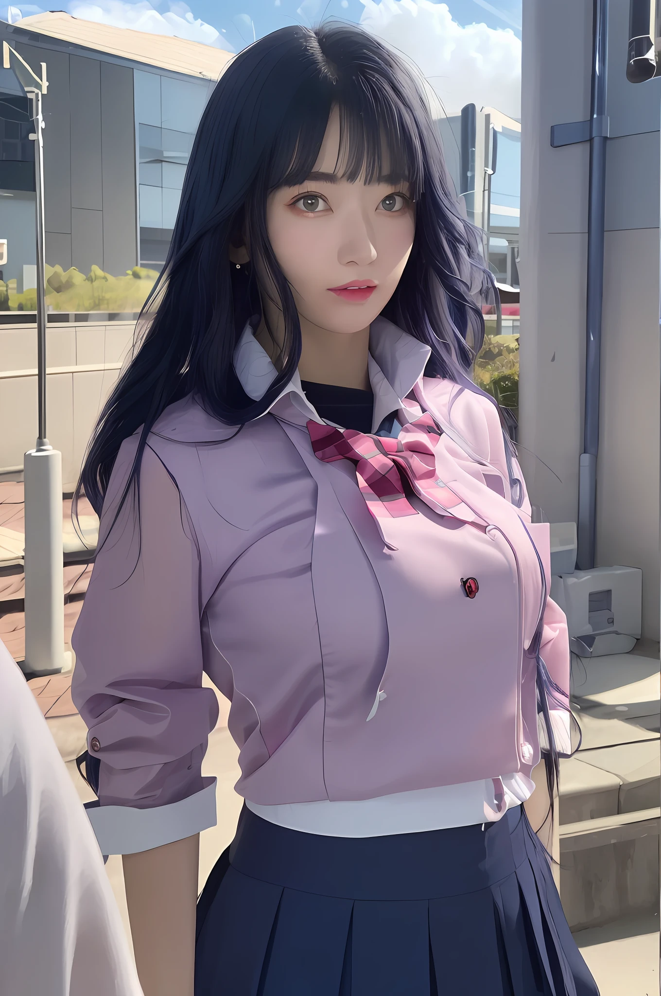 masterpiece, hinata\(boruto\), 1girl, solo, young female, ((((high school uniform)))), (high School), outdoors, looking at viewer, cloudy sky, perfect composition, detailed lips, school building, big breast, beautiful face, body propotion, blush, (pink lips), ((long hair)),  purple eyes,  soft gaze, sad smile,  super realistic, detailed, photoshoot, realistic face and body,  realistic hair, realistic eyes, realistic nose, realistic lips, (((dark blue hair))), 19 years old girl,  flowing skirt