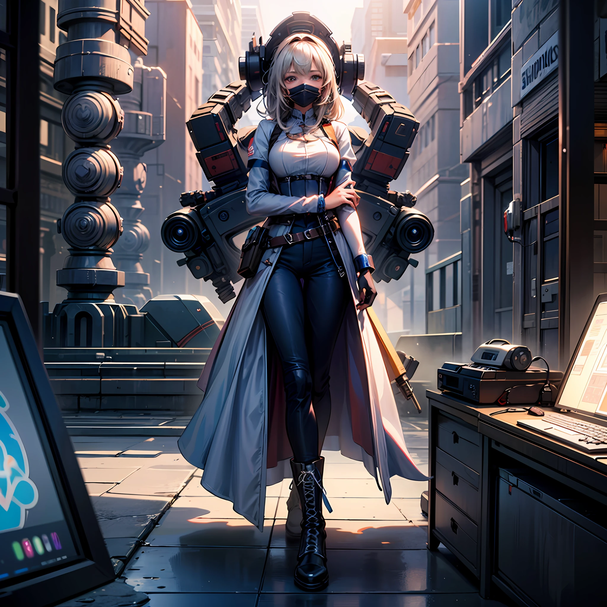 ((High quality)), ((Masterpiece)), 8K, 2girls, bulletproof vest, Light rays, Extremely detailed CG unifies 8K wallpapers, Game CG, view the viewer, mitts, Boots, full bodyesbian, Watch, Computer, Mask, UAVs, Mechanical arms,