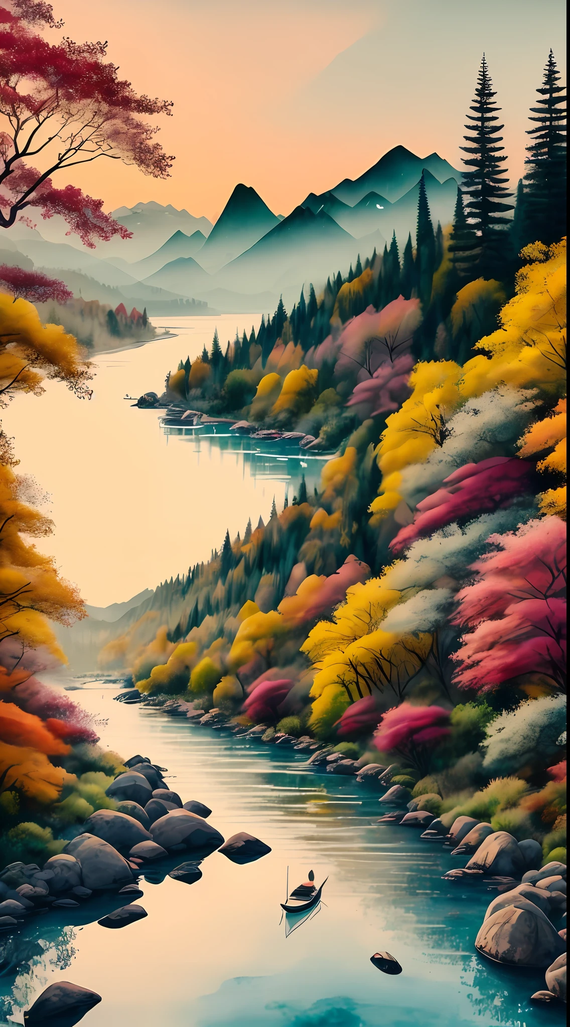 Rolling mountains，Small boats travel on the river，Pavilion，meandering rivers，（Outdoor view：1.5），Antique architecture，Falling leaves，（tmasterpiece），（Best picture quality），（Very detailed and uniform picture），（8k wallpaper），（Watercolor style painting），（light and shadow effect），Ultra photo realsisim，Landscape Photography