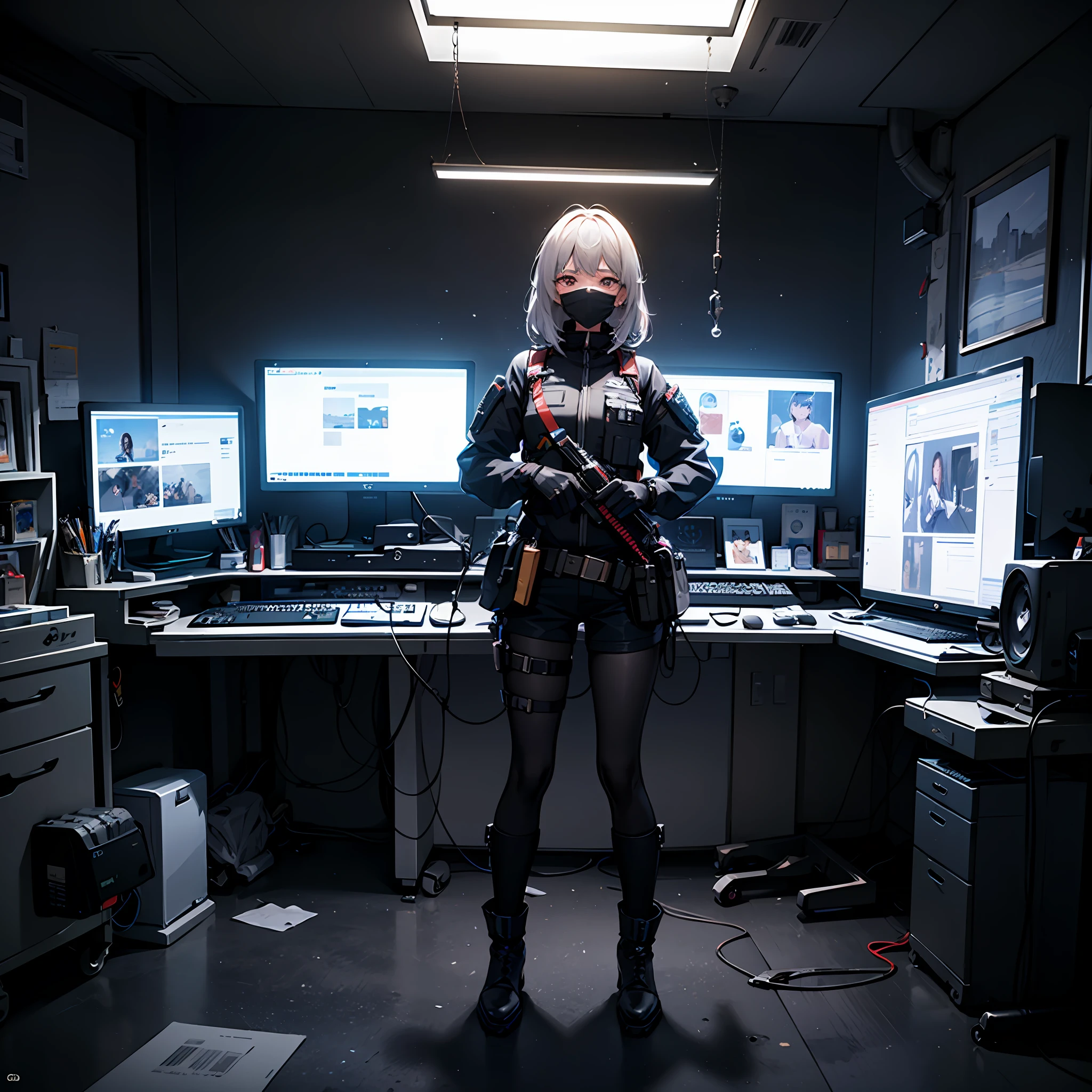 ((High quality)), ((Masterpiece)), 8K, 2girls, bulletproof vest, Light rays, Extremely detailed CG unified 8K wallpapers, Game CG, view the viewer, mitts, Boots, full bodyesbian, Watch, Computer, Mask, UAVs, Mechanical arms,