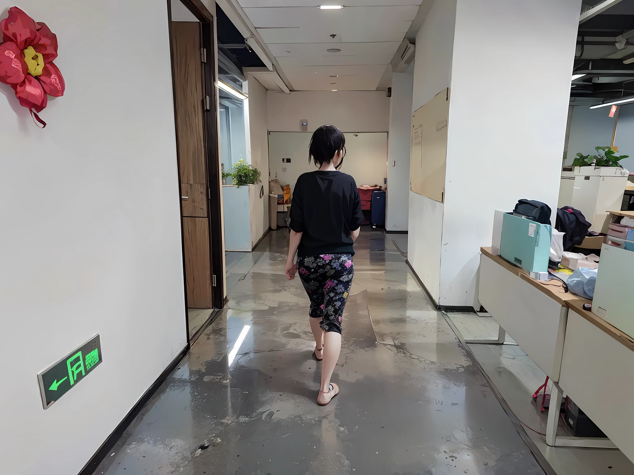 There was a woman walking around in the hallway。， At the office,far away from camera,walking away from the camera,