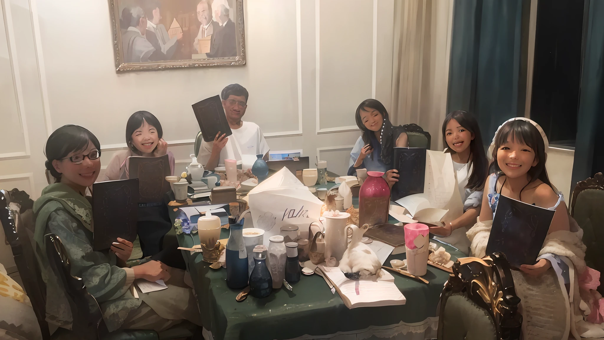 Several people sat around the long table,holding books,A big smile at the camera,The illustration is a high-definition illustration in 4K resolution,featuring highly detailed facial features and cartoon-style visuals