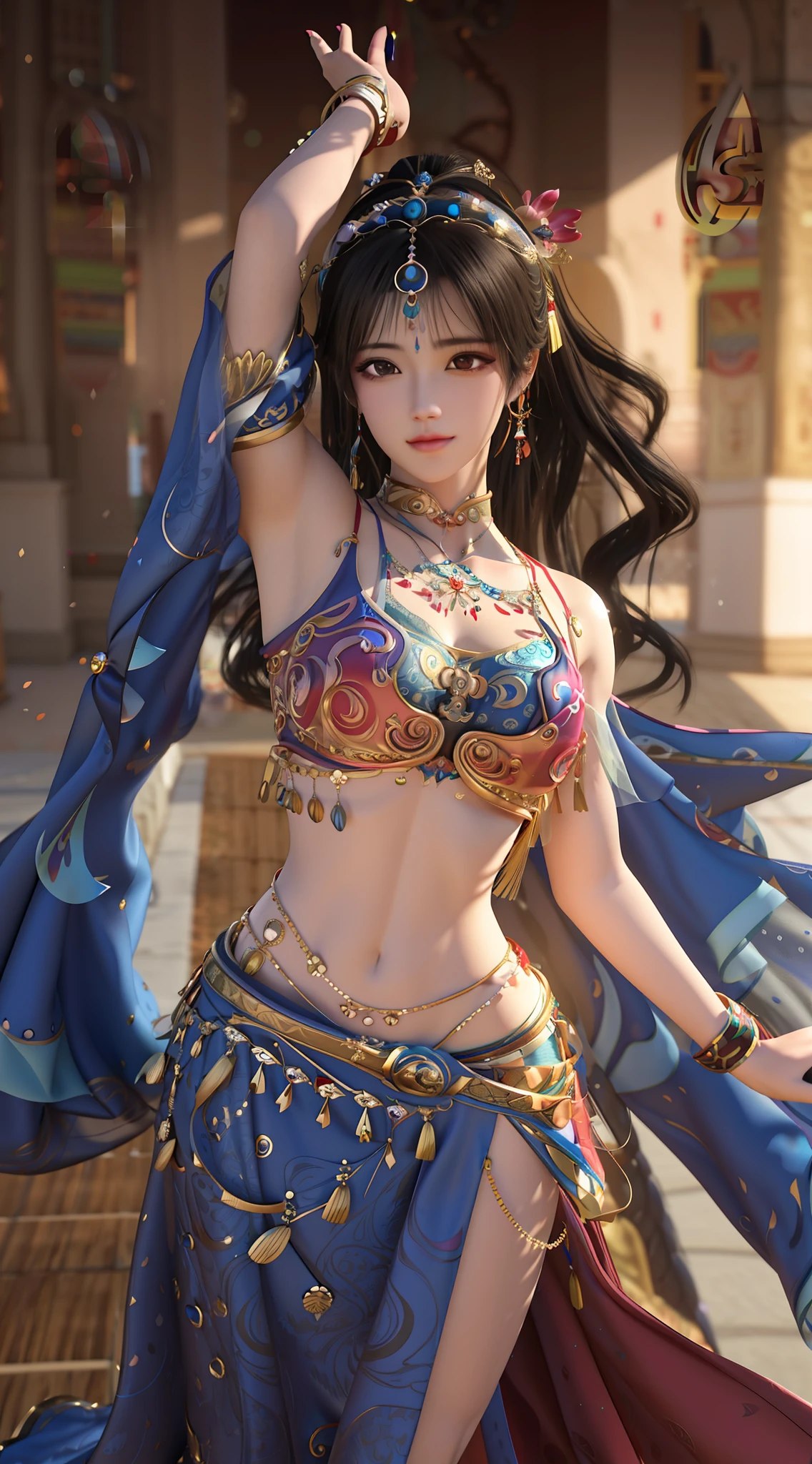 Araki woman wears a belly dance costume with a blue cape, 8K high quality detailed art, a beautiful fantasy empress, Guviz-style artwork, 3 D rendering character art 8 K, 8K Artgerm bokeh, Aesthetic!!!!!! Beautiful rendering of the Tang Dynasty, Anime goddess, Guviz, trending on cgstation