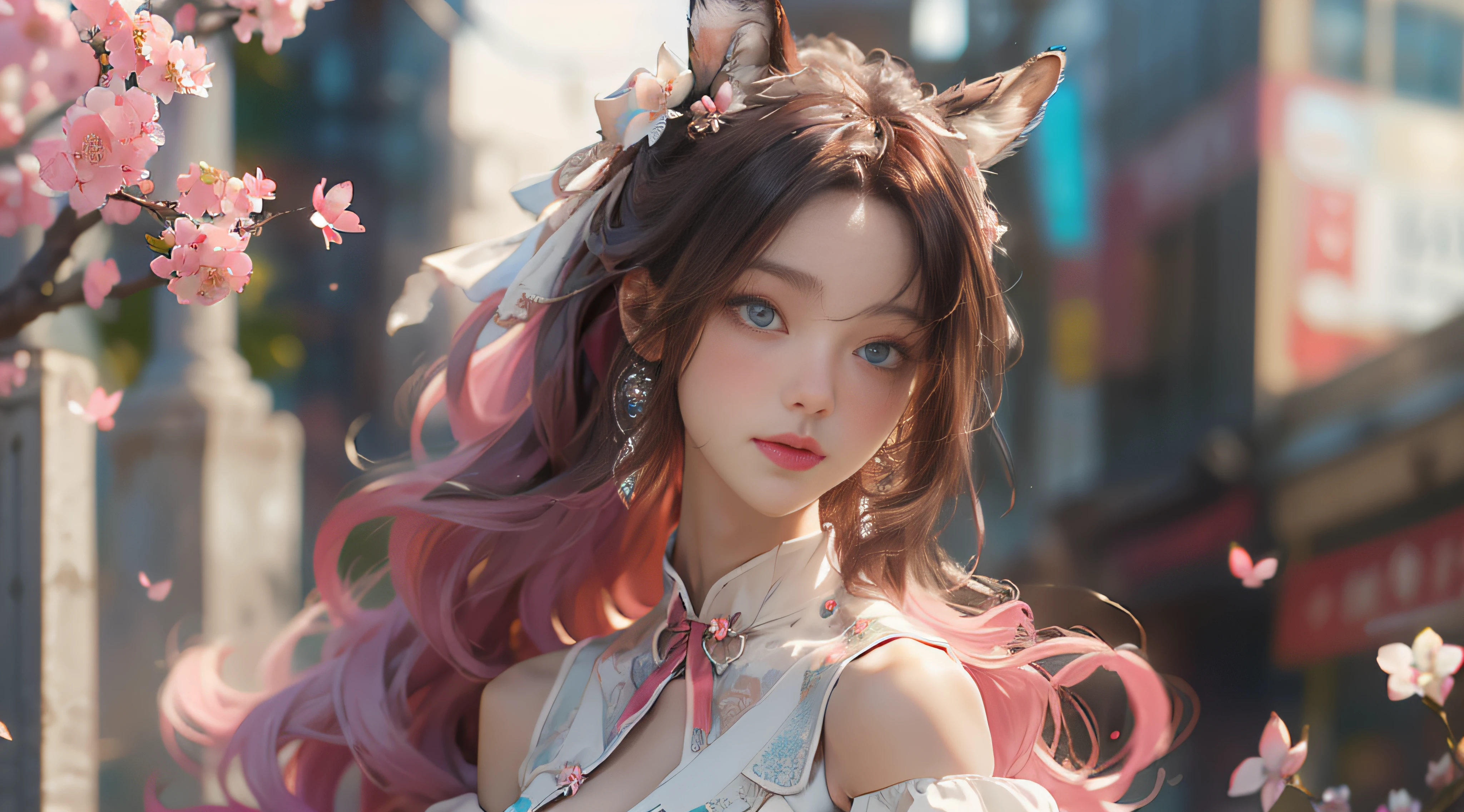 ((best qualtiy)), ((tmasterpiece)), (detail:1.4), Beautiful cyberpunk female images,hdr(HighDynamicRange),Ray traching,NVIDIA RTX,Hyper-Resolution,illusory 5,sub surface scattering,PBR textures,post-proces,Anisotropy Filtering,depth of fields,maximum definition and sharpness,Many-Layer Textures,Albedo e mapas Speculares,Surface coloring,Mitsu-Accurate simulation of material interactions,perfectly proportioned,rendering by octane,Two-colored light,largeaperture,Low ISO,White balance,Rule three points、8K raw data、Beautiful bright blue pupils,off-the-shoulder clothes,Fine pupils,Delicate face and eyes,long eyelasher,Blushlush,Delicate and fluffy hair,pink lip,Pure,Cute face,Sweet girl,Artistic sense,Casual wear,Advancedsense,butterflys,Cherry blossom petal,Beautiful hair accessories,Long hair and waist,Hair fluttering in the wind,foxears,curlies