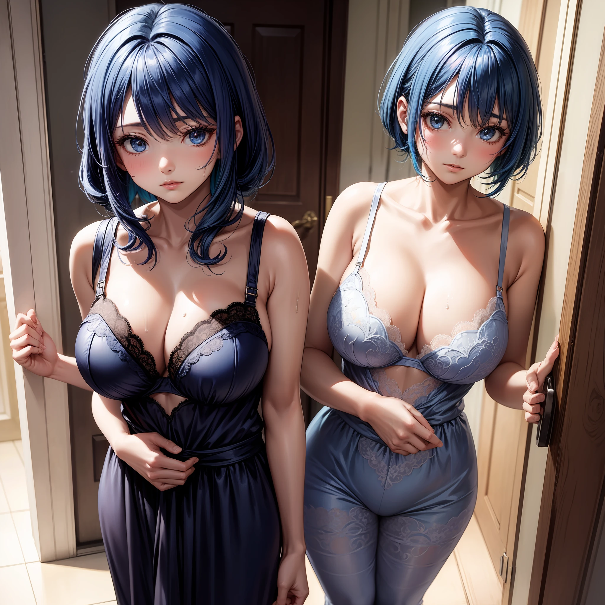 konan,blue hair,Wear lace pajamas,Leaking lace lingerie,Standing in the doorway,One hand crosses the waist,perfect bodies,Large of breast,cleavage,looks into camera,The atmosphere is ambiguous,high qulity,high detal