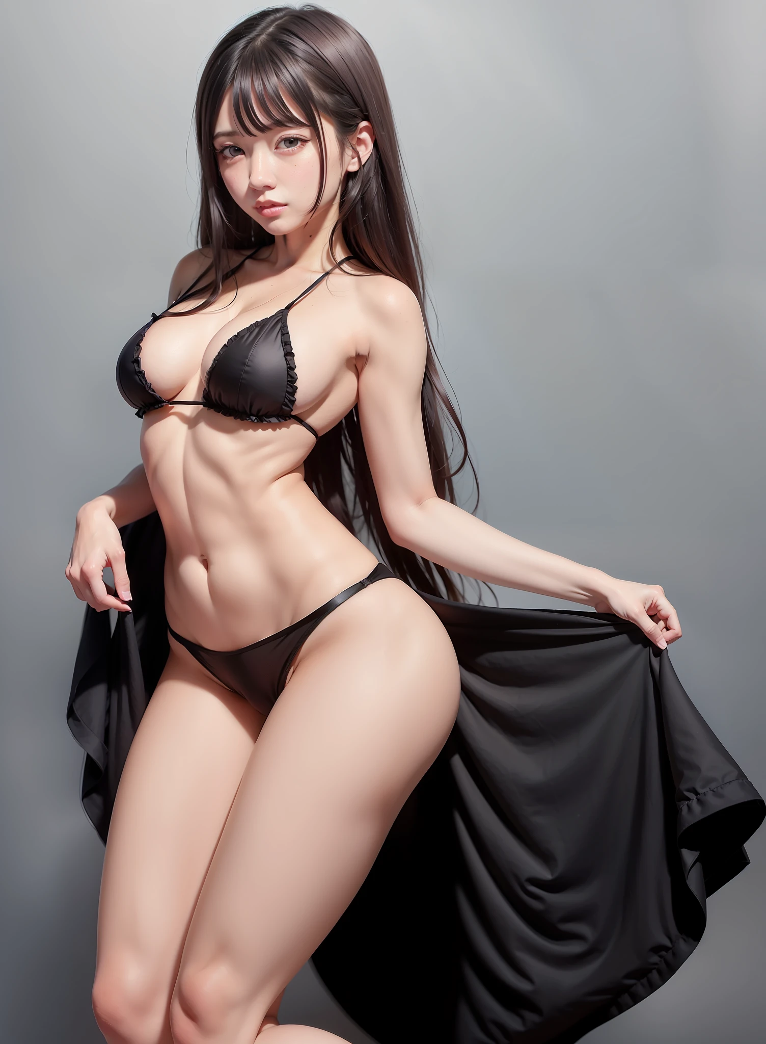 Pure girl，largeeyes，二重まぶた，Qi bangs，Wear thongs and black silk