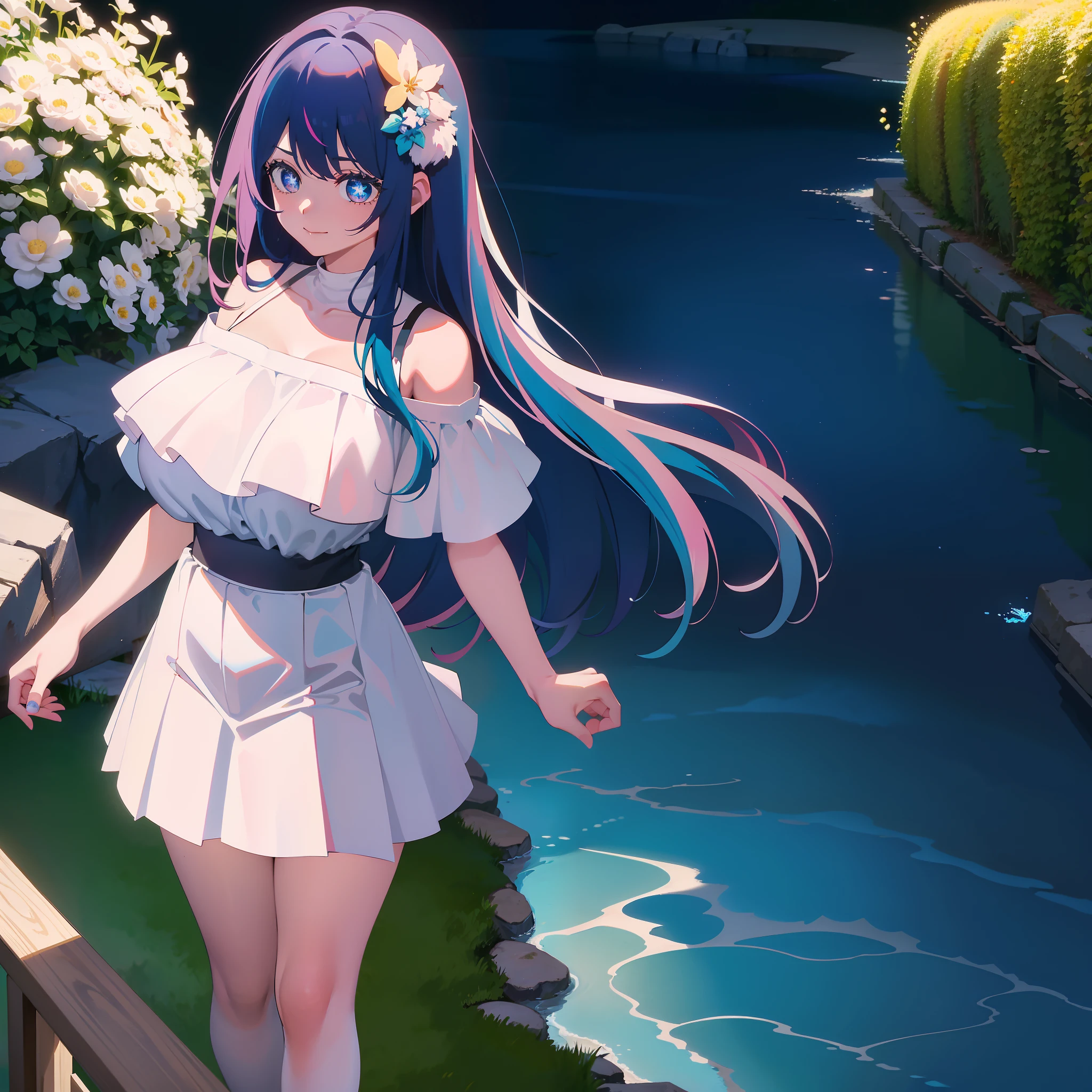 2D, tmasterpiece, best qualtiy, anime big breast, highly detailed, solo person, 独奏, White gradient pink hair, long whitr hair, cat ear, Off-the-shoulder white shirt, Pleated skirt in blue color, mediuml breasts, standing on your feet, flower field, ssmile,one-girl,blue colored eyes,Star eyes,Blue butterfly hair ornament,Leg loops with white wrinkled edges