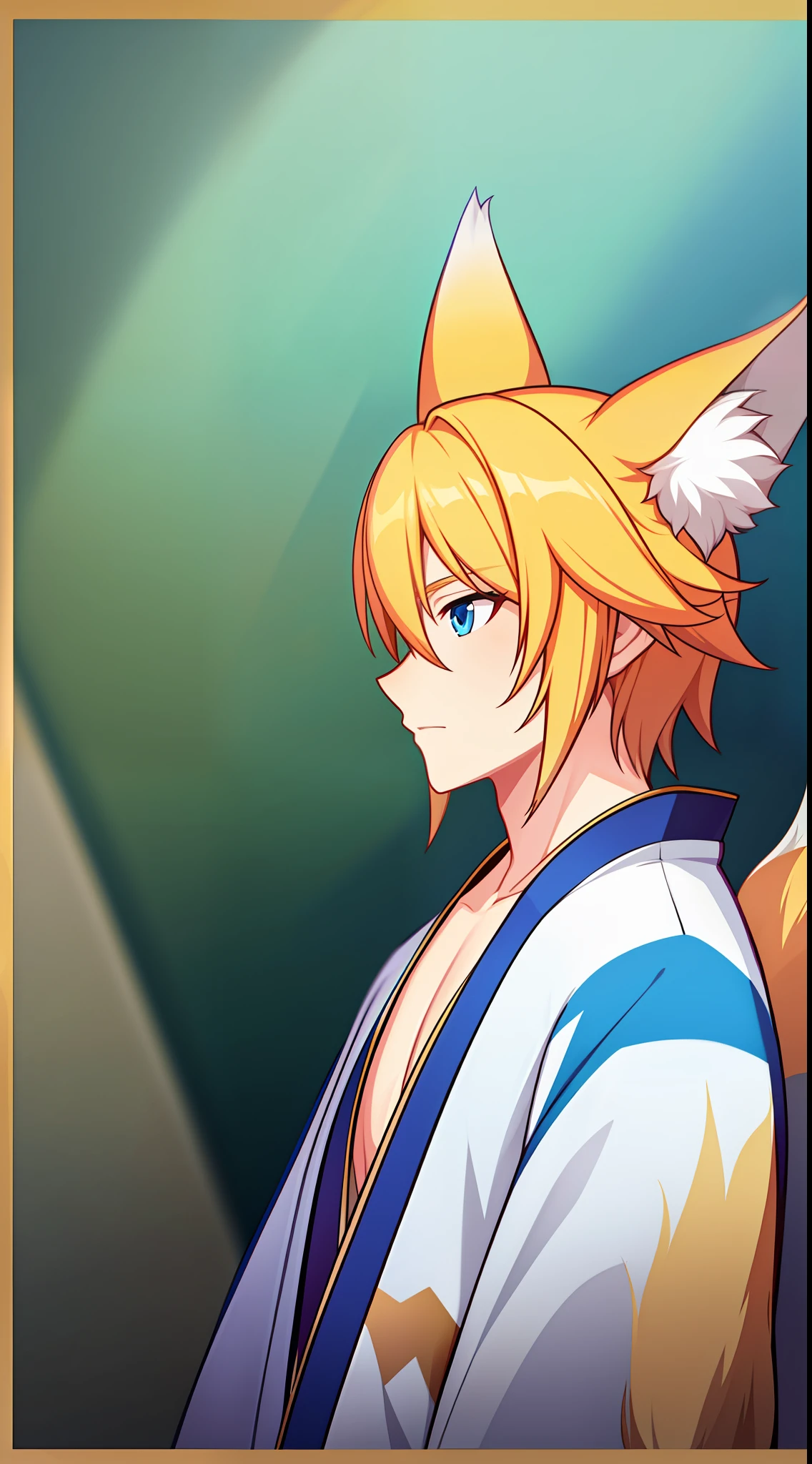 adult man, short blonde hair, white fox ears, blue eyes, Fox tails, kimono, Masterpiece, hiquality
