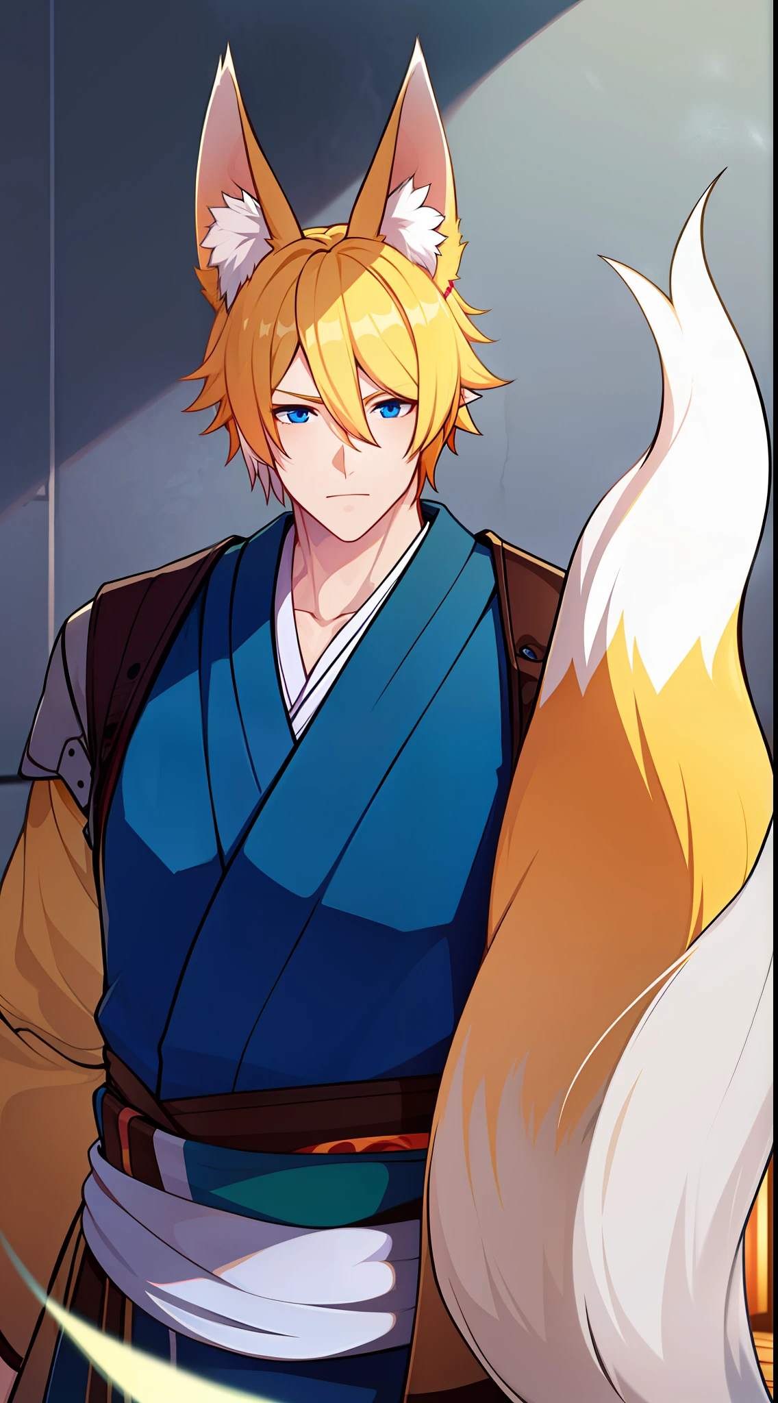 adult man, short blonde hair, white fox ears, blue eyes, Fox tails, kimono, Masterpiece, hiquality
