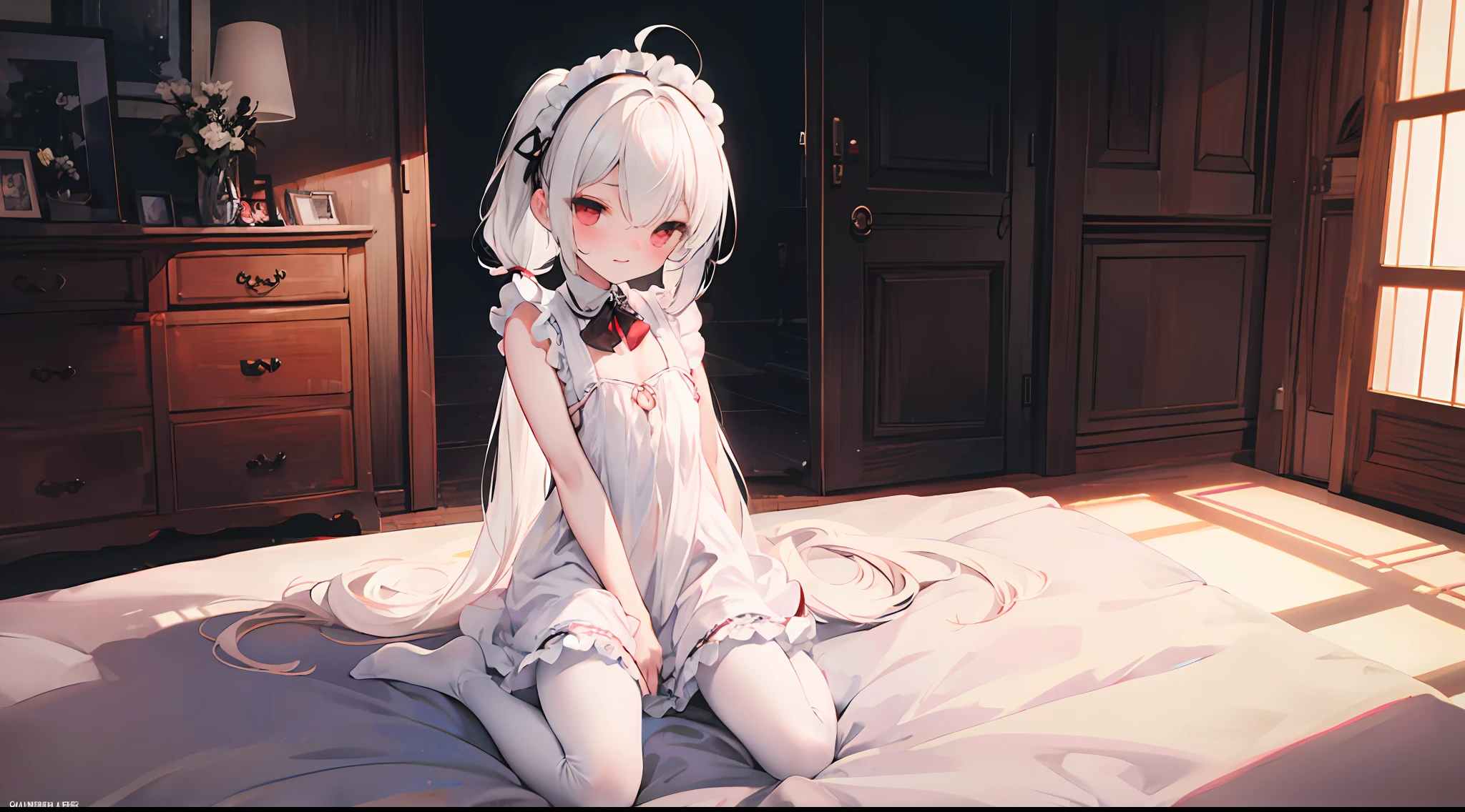 ahoge,bangs,Side_pony tails,White_Hair,Red_Eyes,reaching,Embarrassed,standing,Loli,flat_chest,slippers,shift dresses,rendering by octane,Meticulous painting,flowers meadows,angle of view,shoulder cutout,From above,full bodyesbian,Perspective,Overall view,,on top of the bed,Bedroom,A high resolution,art of light novel,art of light novel,Petite,lolita fashion,Petite,Babe,ahoge,Long hair,White hair,White_Hair,Red_Eyes,Kneeling&setting on floot,wariza,Slim legs,hand between legs,Blush,Beautiful detailed eyes,Sweet_Lolita,White pantyhose,White stockings,White_upper legs,no shoe,Collar,neck bowtie,Tiny_chest,Tiny_chest,One guy,One guy,Maid dress,dress,