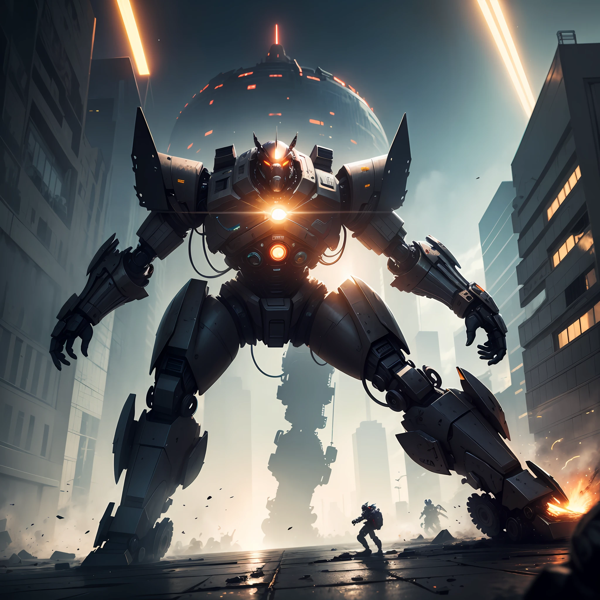Two mechs fight 1.2,cyber punk perssonage,Fight in the city of the future,8K,the detail,Steel texture,Sense of oppression,Mechanicalweapon,the night,Plenty of lighting,disrupt,Heavy mech