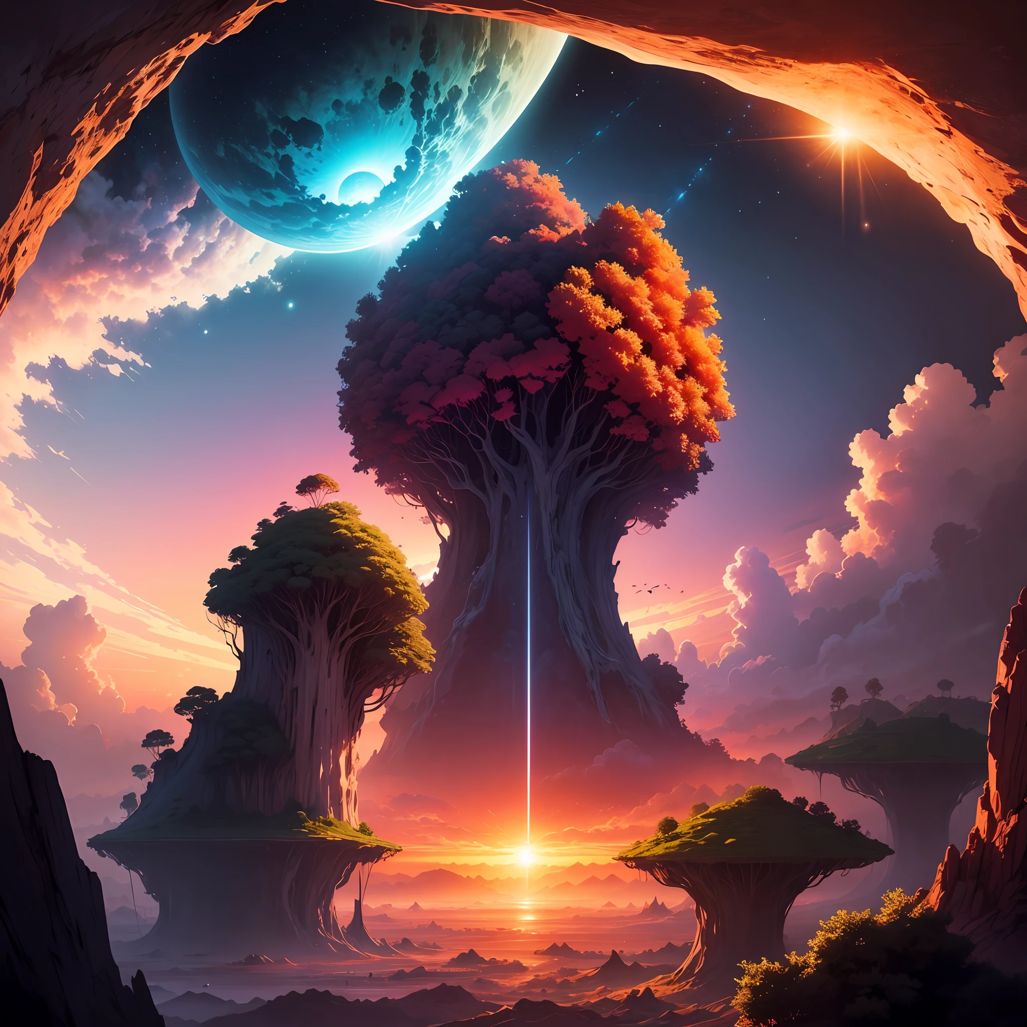 Fantasy world red gradient sunset， floating islands， Space view of a comet， jungles， Birds landscape --auto