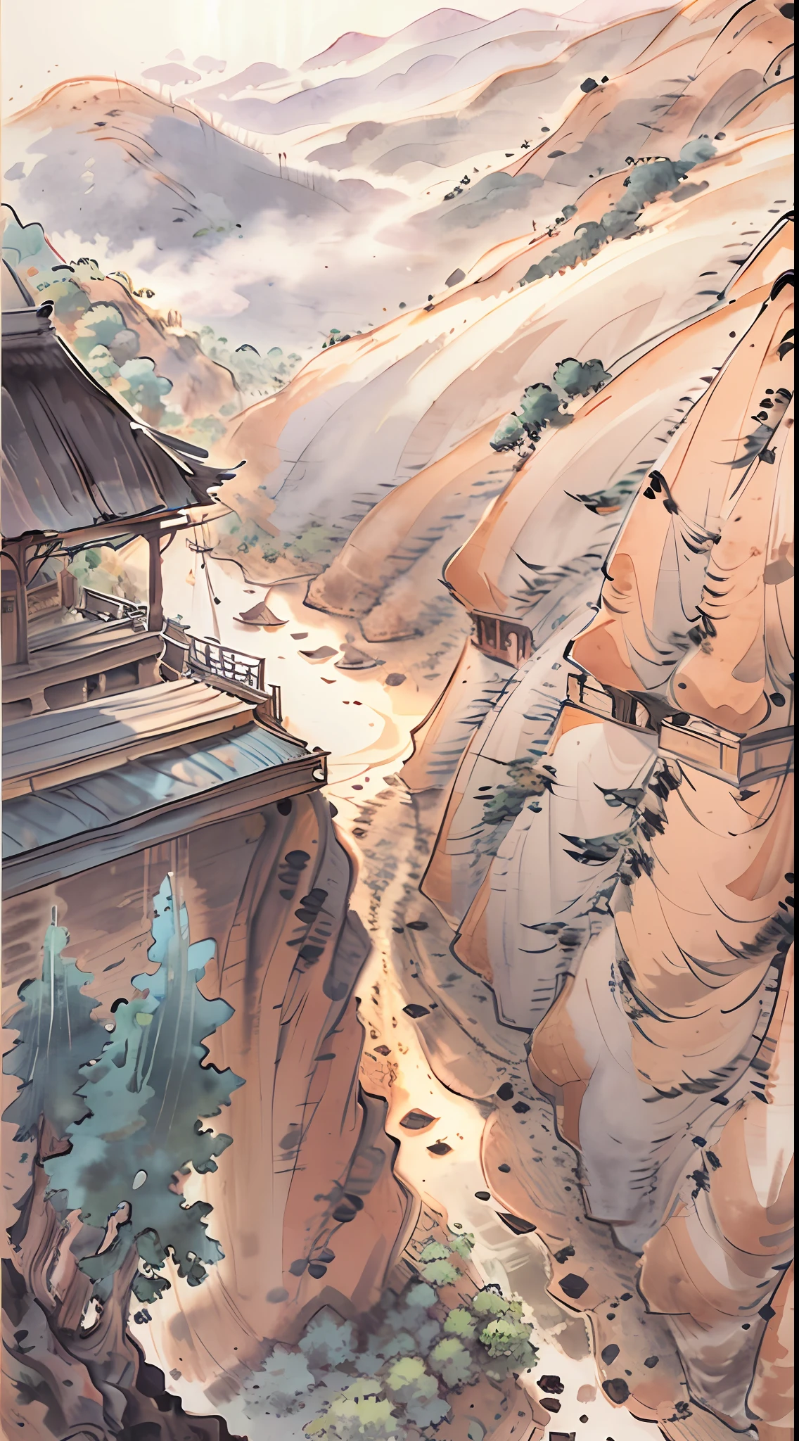 Rolling mountains，Small boats travel on the river，Pavilion，meandering rivers，（Outdoor view：1.5），Antique architecture，Falling leaves，（tmasterpiece），（Best picture quality），（Very detailed and uniform picture），（8k wallpaper），（Watercolor style painting），（light and shadow effect），Ultra photo realsisim，Landscape Photography