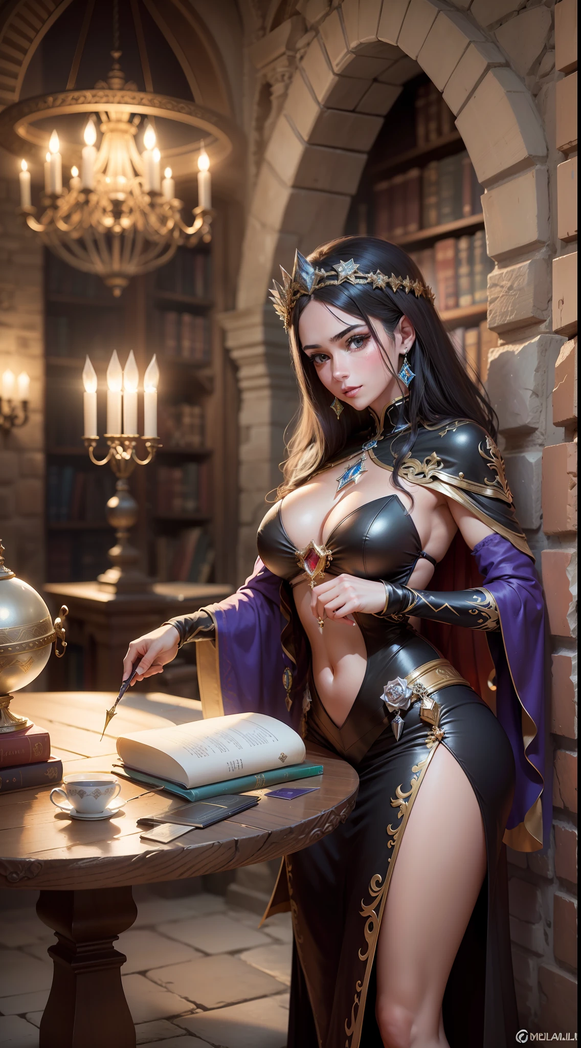 ((obra-prima)), (((melhor qualidade))), ((Ultra Detalhado)), (Awesome: 1.1), ((papel de parede extremamente detalhado da unidade CG 8k)), (8k, Foto RAW, melhor qualidade, obra-prima: 1.2), (realista, Foto realista: 1.4), (renderizado: 1.4), (renderizado: 1.4), Ultra realismo, high-resolution, NVIDIA RTX Ray Tracing, octane render, imagem de corpo inteiro, 1 garota linda, olhando para o espectador, Maga reading a great grimoire of magic in an ancient library in a medieval stone brick tower, Her hair is long and black with shine, wearing a big wizard hat, His eyes are large and blue and well detailed, ela usa vestes escuras negras e azuis estampadas com estrelas prateadas e luas crescentes brilhantes, wand of condon in one of his hands, leve sorriso, rosto detalhado, biting lips, corpo perfeito, perfectly proportions, thick legs with well-defined muscles, quadris largos, cintura fina, well-defined abdomen, seios grandes e empinados, mamilos protuberantes pontudos, pele parda com leve brilho de suor, estantes de livros antigos ao fundo, room is slightly dark, lighting by chandeliers and torches on the walls, slight haze of smoke comes out of candles and torches, Magical crystal ball with purple luminescent aura and purple rays on an ancient wooden table in the background, grandes janelas em arco, Deeply dark night through the windows, very starry dark sky, estrelas cadentes, grande lua semicoberta por nuvens, raios de luz da lua, diffuse lighting, fantasia, intrincado, dinamic angle, diffuse lighting, fantasia, intrincado, elegante, altamente detalhado, realista, fotorrealista, art-station, arte conceitual, smooth and sharp focus, circunstanciado, intrincado, Foto premiada, BLN-L24, exposure, Alto contraste, 8k 3D, cinematic lighthing.