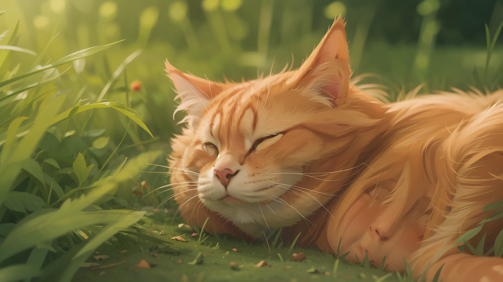 one fat ginger cat sleeping on grass, eyeclosing