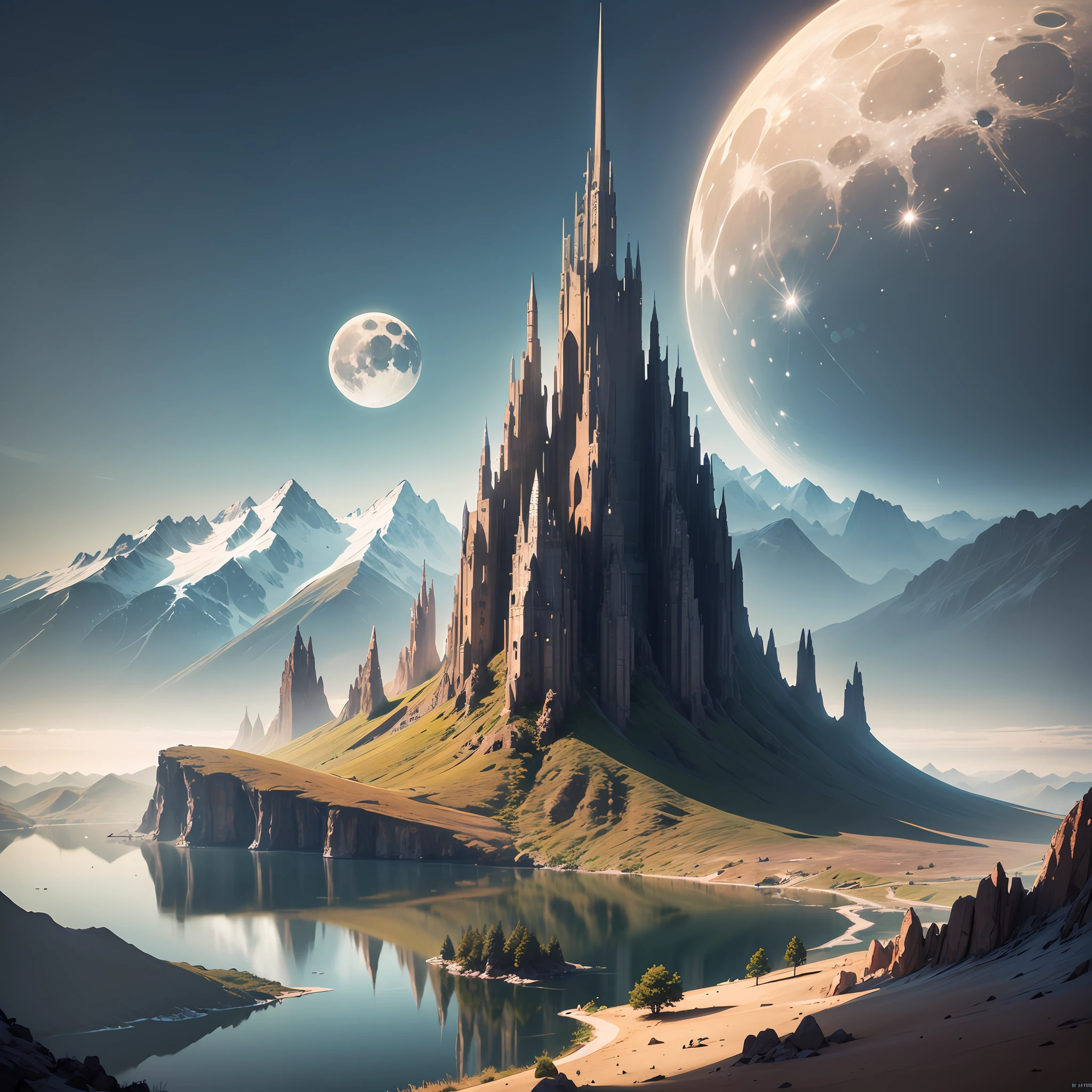 mountains and a lake with a moon in the sky, 4k highly detailed digital art, 4 k hd wallpaper very detailed, impressive fantasy landscape, sci-fi fantasy desktop wallpaper, unreal engine 4k wallpaper, 4k detailed digital art, sci-fi fantasy wallpaper, epic dreamlike fantasy landscape, 4k hd matte digital painting, 8k hd wallpaper digital art --auto