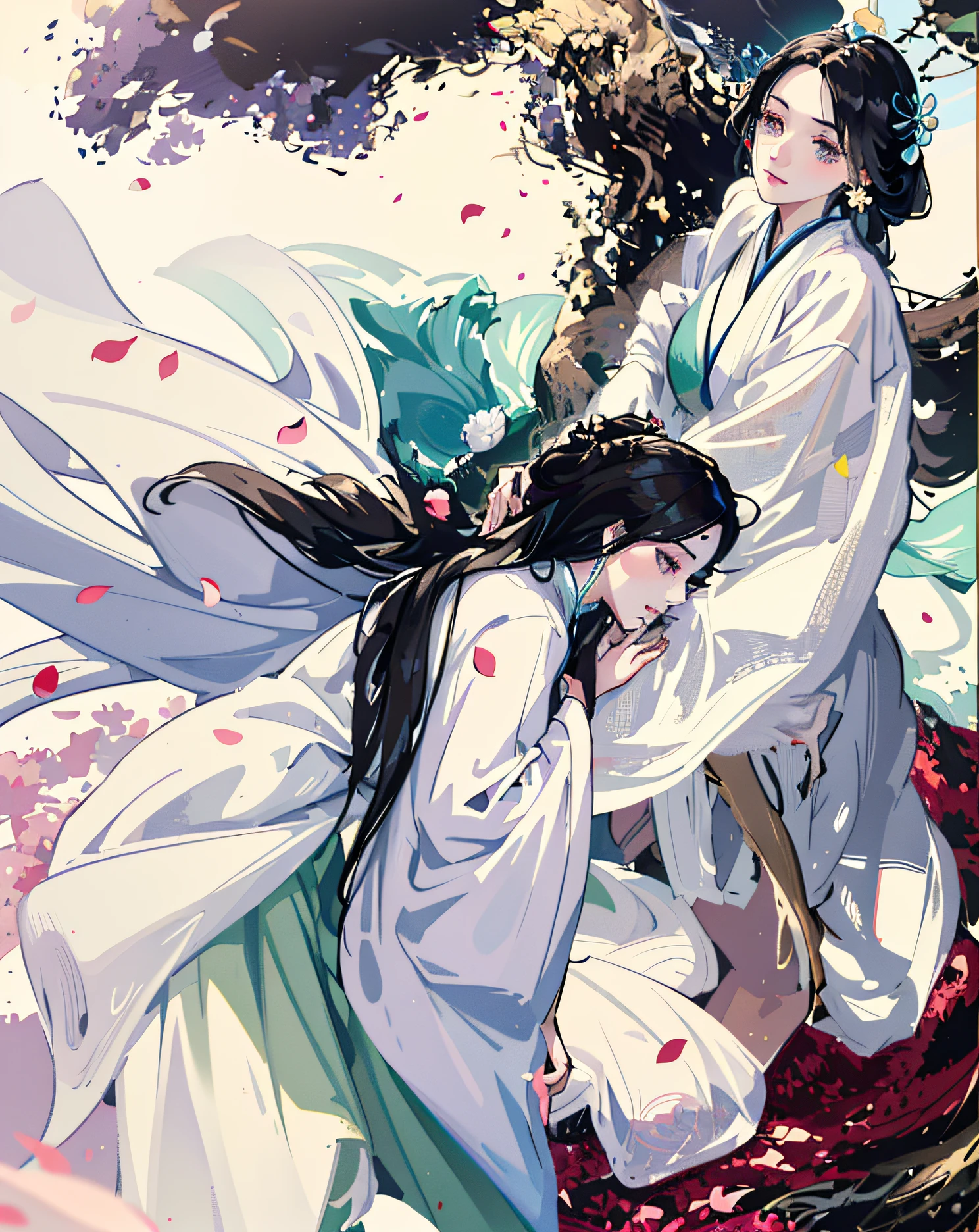 Mature girl , black hair, floating hair, delicate and smart eyes, starry pupils, intricate damask hanfu, gorgeous accessories, wearing pearl earrings, FOV, f1.8, masterpiece, complex scene, flower petals flying, front portrait shot, Chang'e
