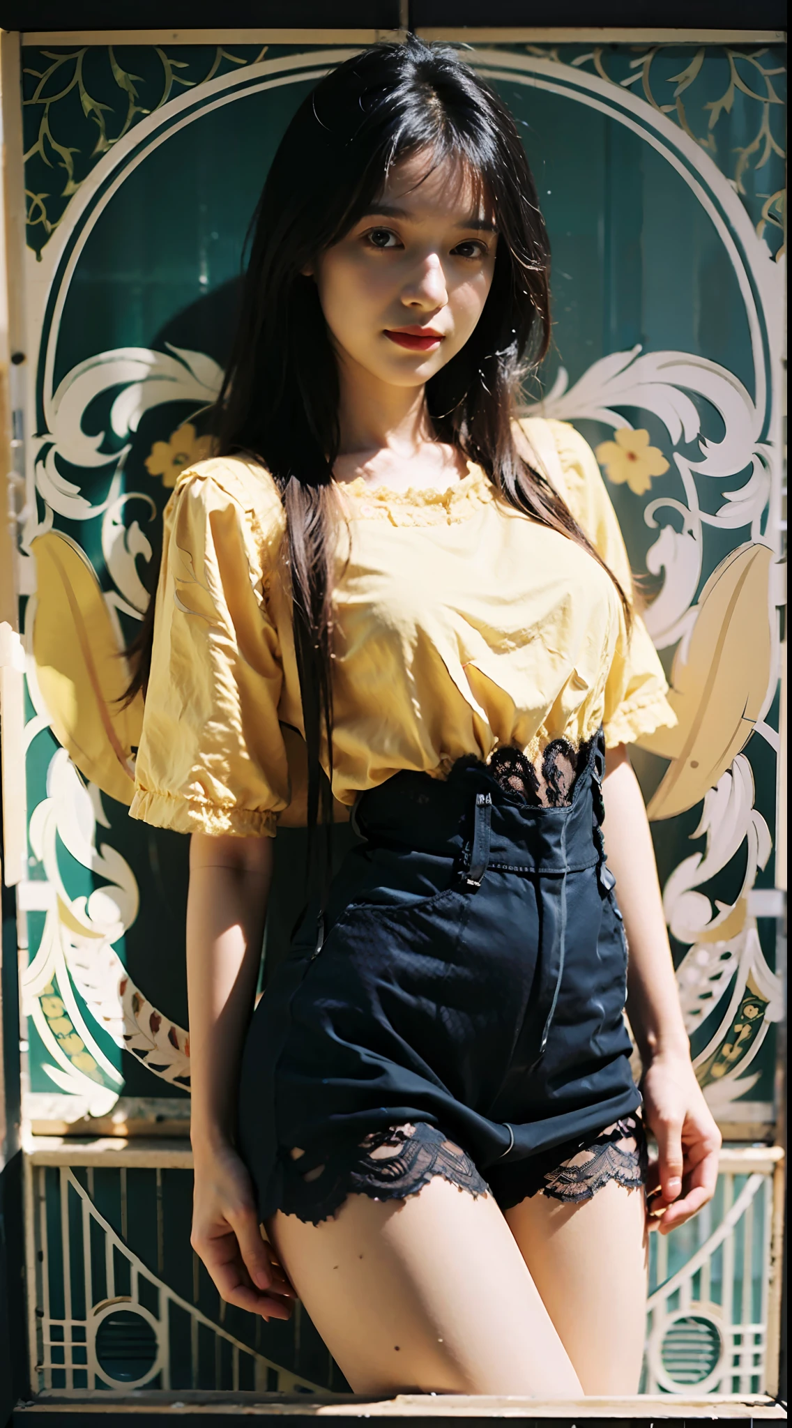 She has long black hair,in an art nouveau style,Wearing a yellow shirt,Black lace cluster,Long legs,Warm light tones,Shabby poster wall with background,tmasterpiece,Need,photorealestic,k hd,photography lighting,16k