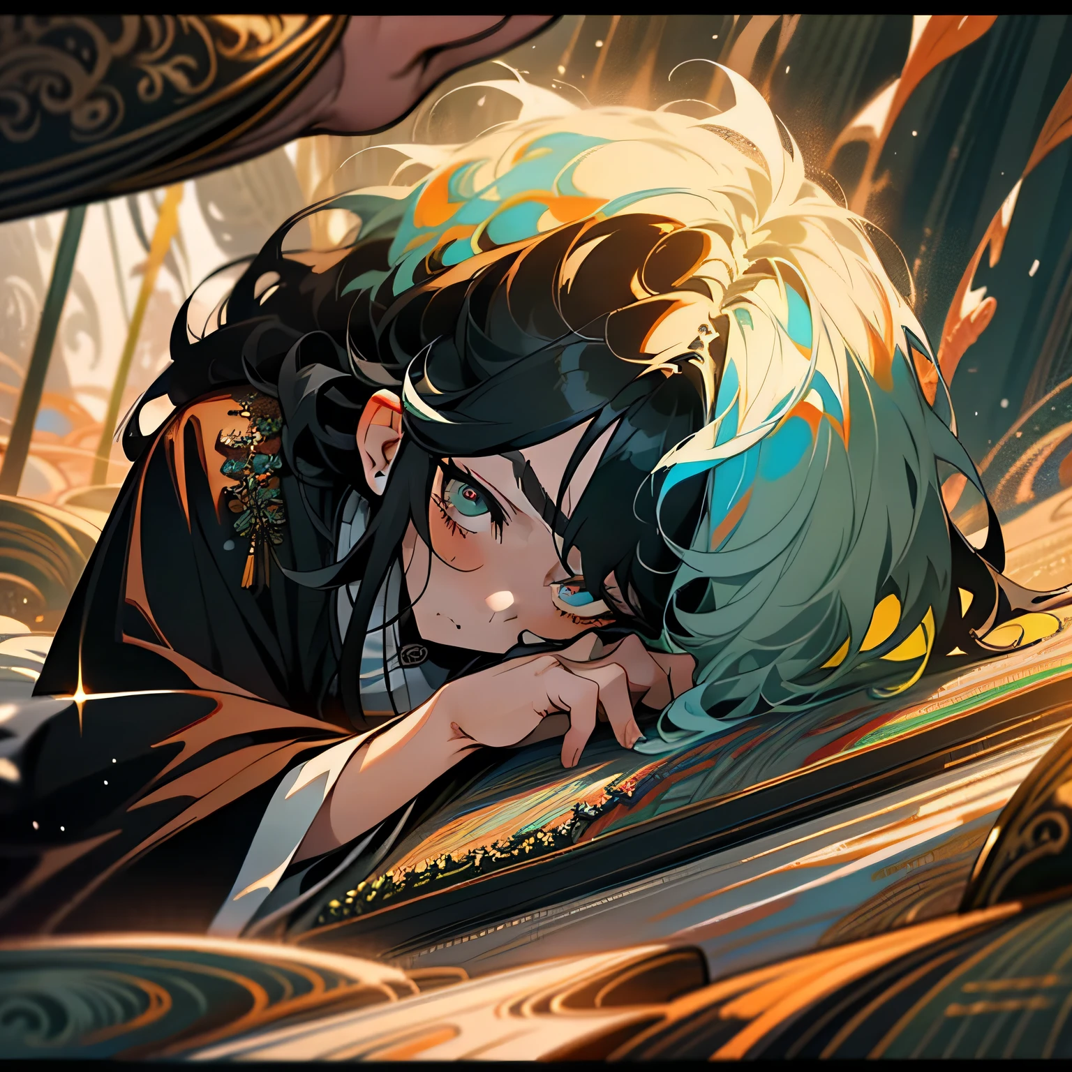 realisticlying,(tmasterpiece,top Quority,best qualtiy,offcial art),The is very detailed,extremely colorful,Most detailed,Fairy chalet,Broad background,Handsome man,Black color hair,long whitr hair,Black robes,Kamimei,A pensive expression