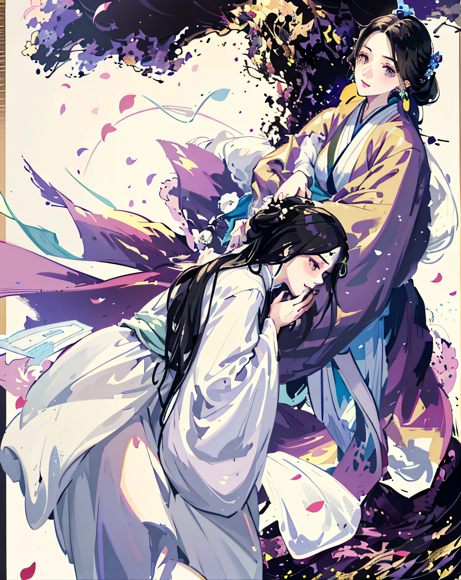 Mature girl , black hair, floating hair, delicate and smart eyes, starry pupils, intricate damask hanfu, gorgeous accessories, wearing pearl earrings, FOV, f1.8, masterpiece, complex scene, flower petals flying, front portrait shot, Chang'e