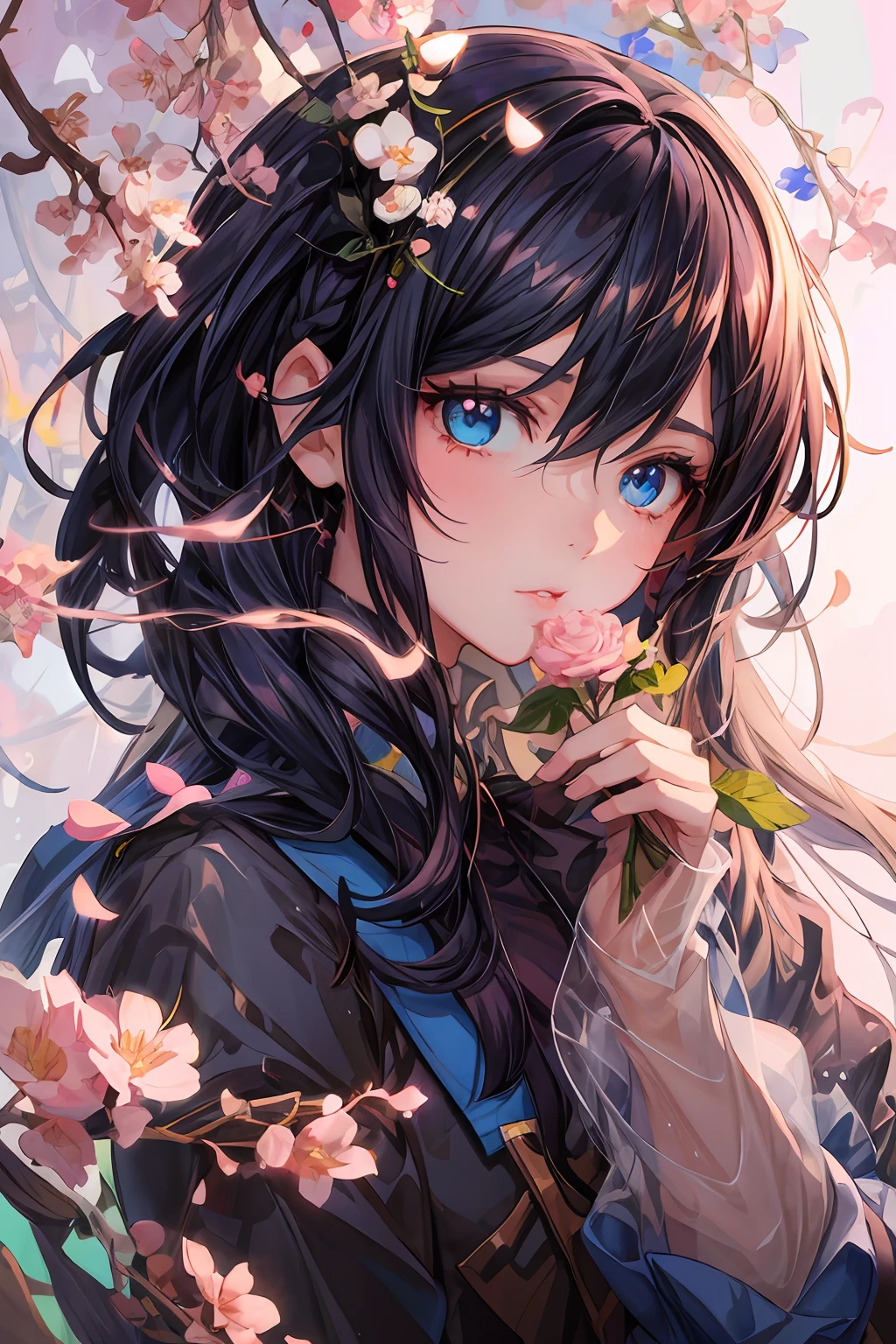 anime girl with long hair and blue eyes holding flowers, beautiful anime portrait, guweiz, anime moe artstyle, detailed digital anime art, artgerm and atey ghailan, high quality portrait, artwork in the style of guweiz, with flowers, anime style 4 k, beautiful anime artwork, anime visual of a cute girl, clean detailed anime art