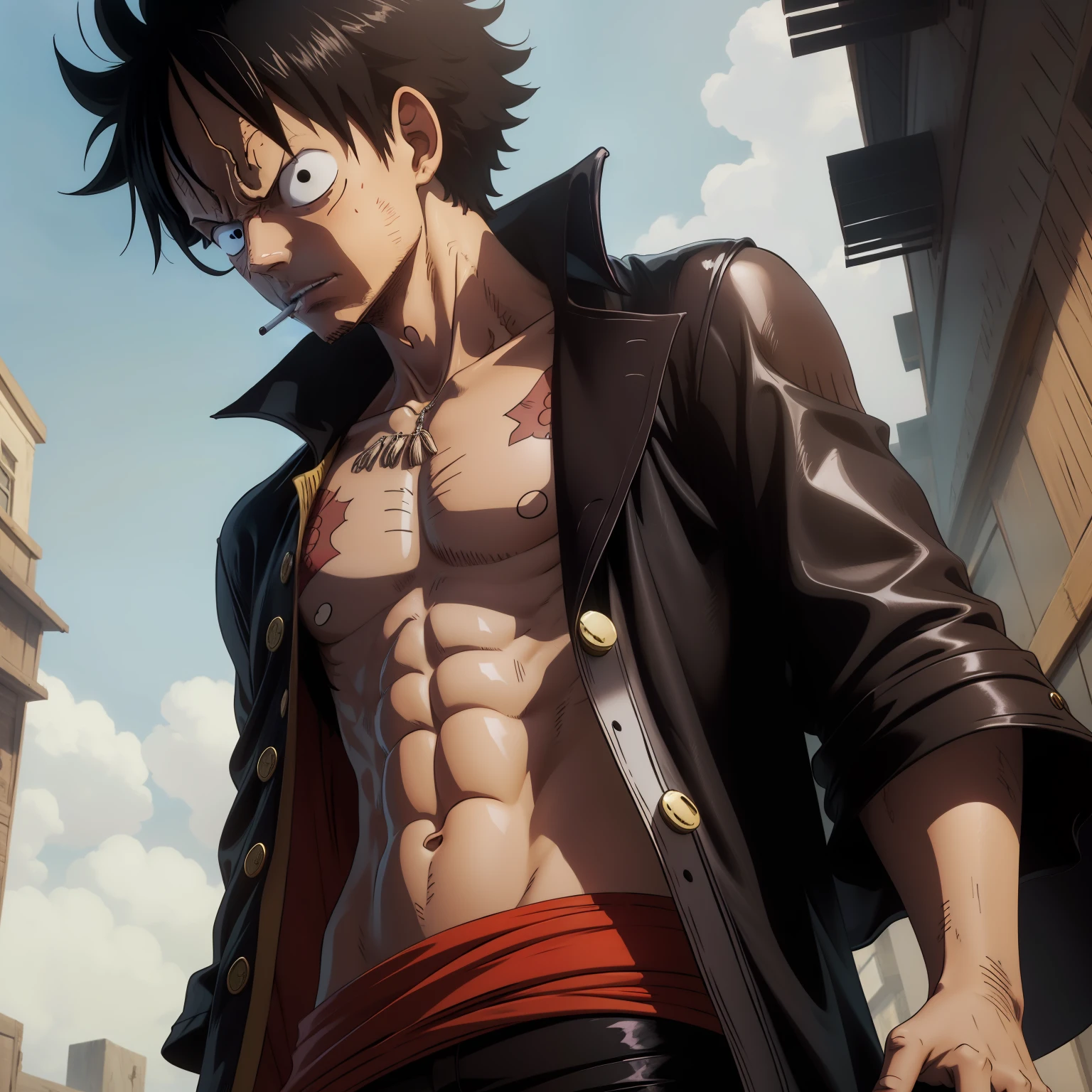 One Piece Luffy Sable looked down with a cigarette in his mouth