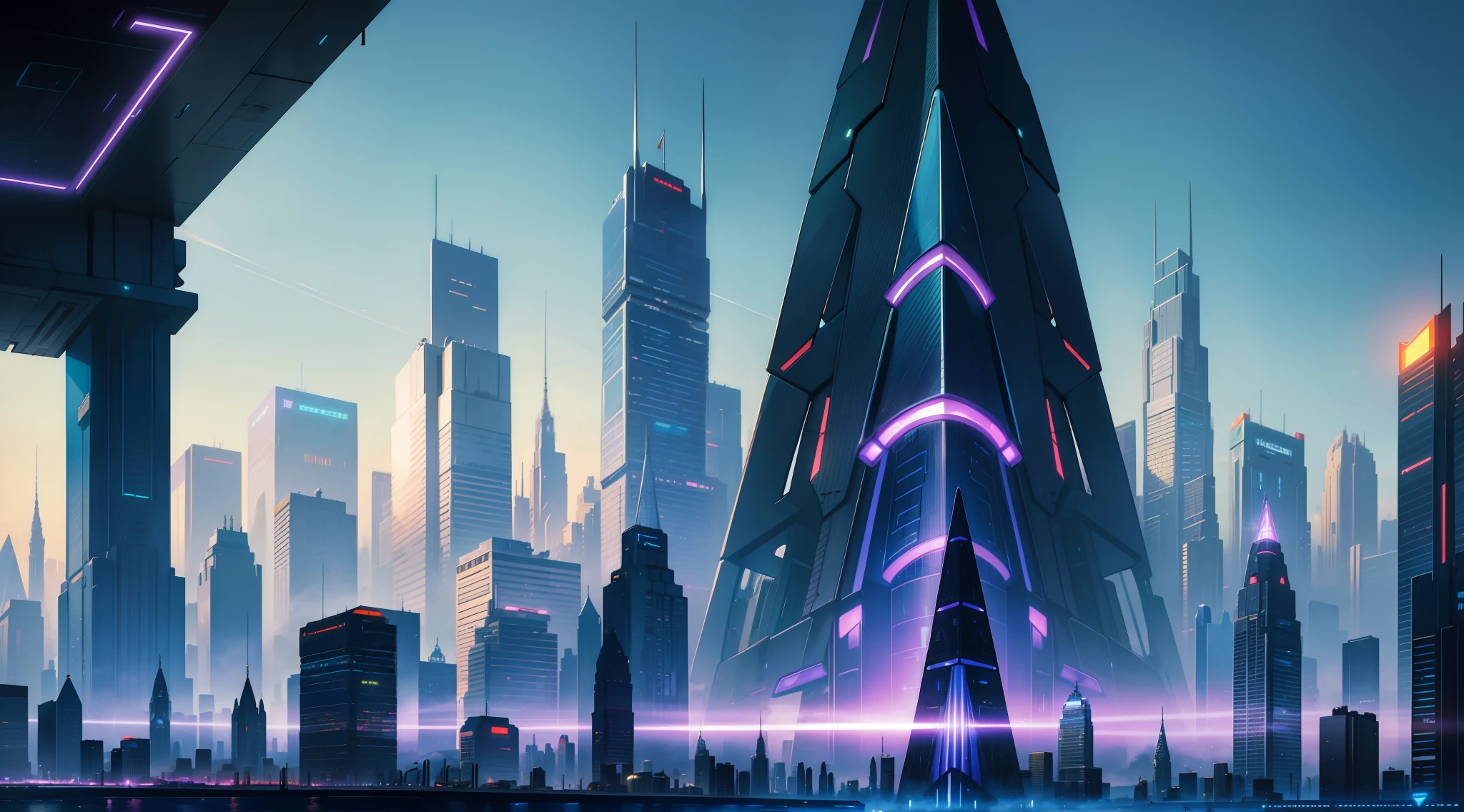 An oil painting of a futuristic cityscape, with towering skyscrapers and flying vehicles filling the frame. The colors are bright and vibrant, with shades of blue, green, and purple dominating the scene. In the foreground, a group of people can be seen walking towards a giant, glowing pyramid.