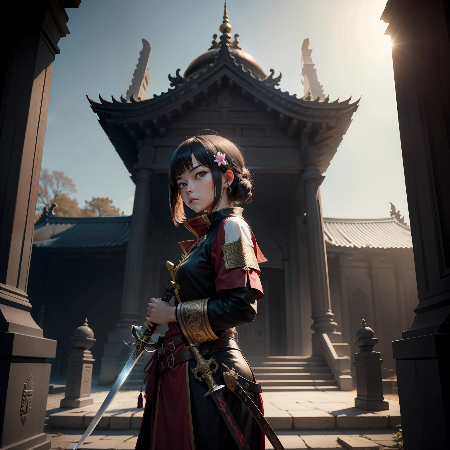 temple with sword girl dark