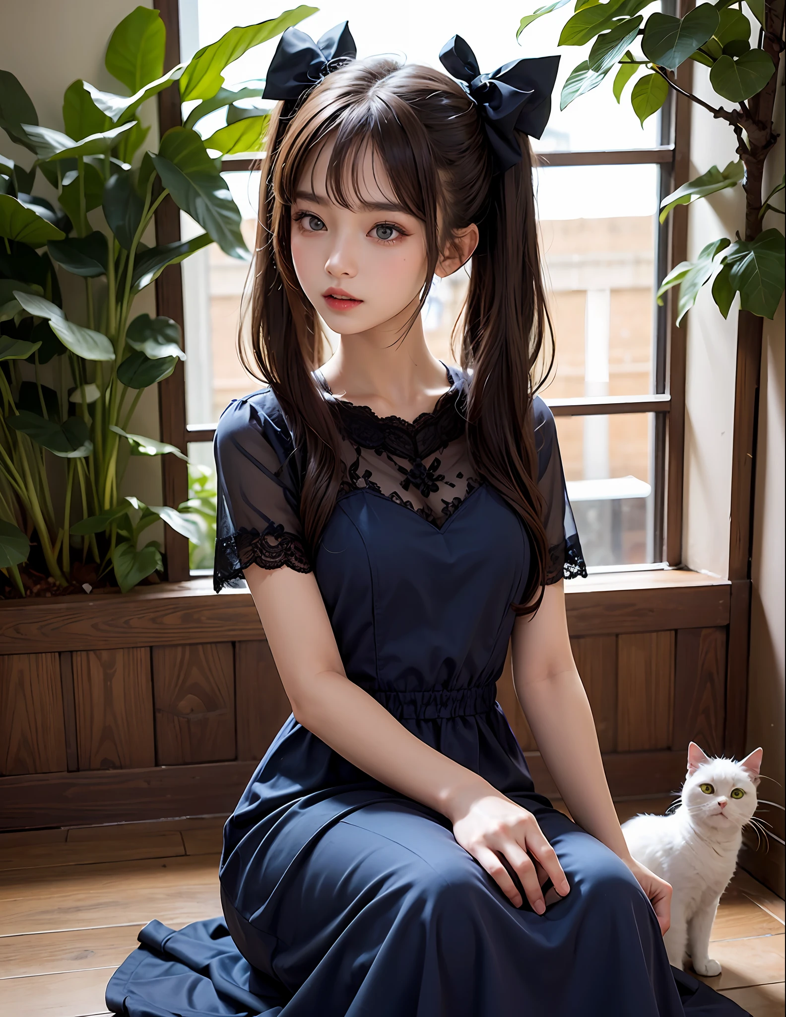 1girl,twintails,brunette color hair,cat,By bangs,Lace long dress,Blue bow,16-year-old female model,