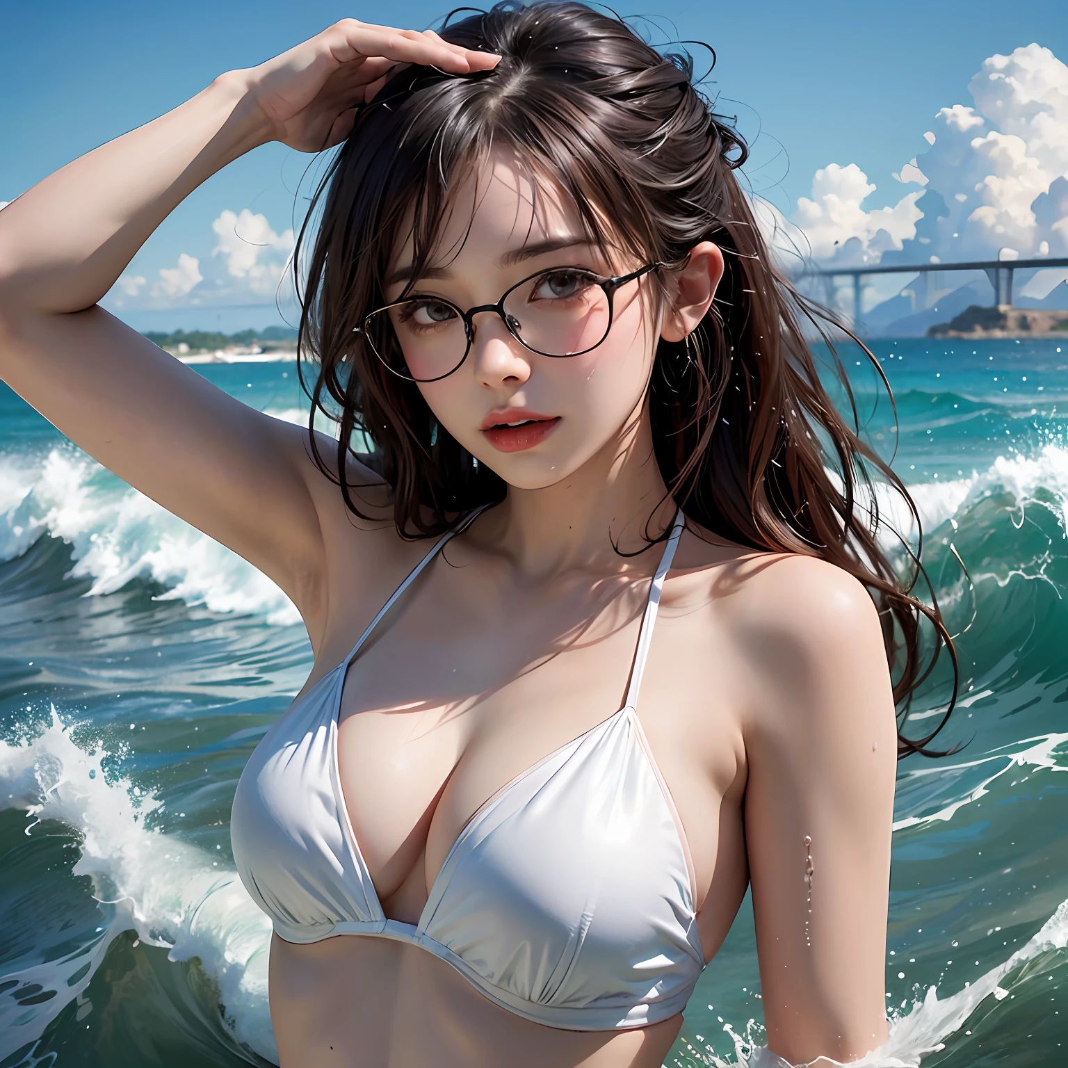 Girl with glasses，（best qualtiy，8K，tmasterpiece:1.3），Goose egg face，largeeyes，long eyelasher，With bangs，Cool handsome，Domineering，Exquisite（live-action realistic style），Star-like eyes，Ultimate face，Photorealistic light and shadow，Clear facial features，Milky white skin，Fair skin， highdetailskin， Realistic skin details， Visible Pore，（Super detail），Petite body，（perfect bodies：1.1），Carmelto， full bodyesbian，beachside，swim wears，sandbeach，Tattooed with，（（dynamicposes），and hold your head in your hands，Be red in the face），（（Water droplets surround，Body wet with water）），((Dynamic background((Rough waves)) ，Dramatic scenes