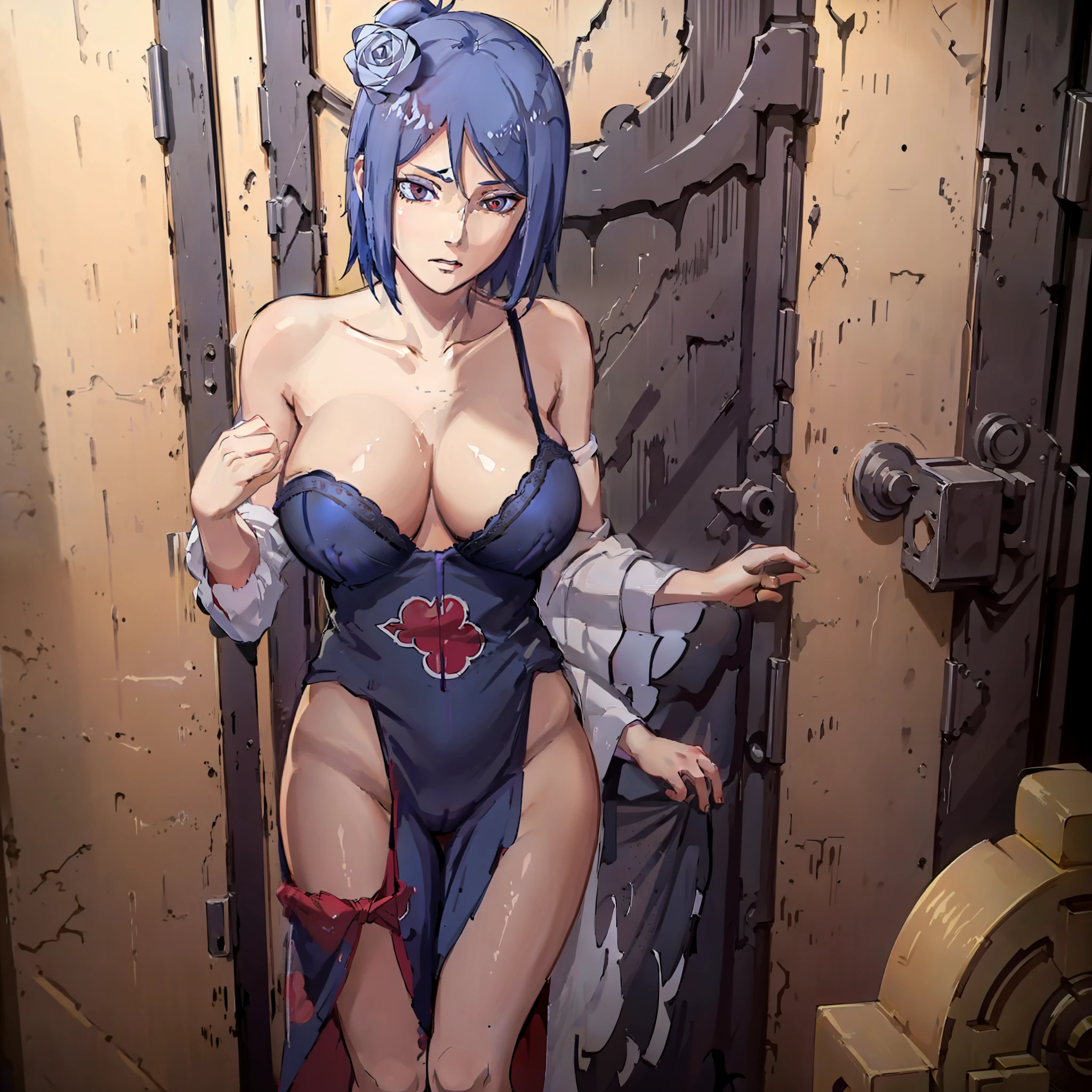 konan,blue hair,Wear lace pajamas,Leaky lace lingerie,Standing in the doorway,One hand crosses the waist,perfect bodies,Large of breast,cleavage,looks into camera,The atmosphere is ambiguous,high qulity,high detal,Whole body diagram