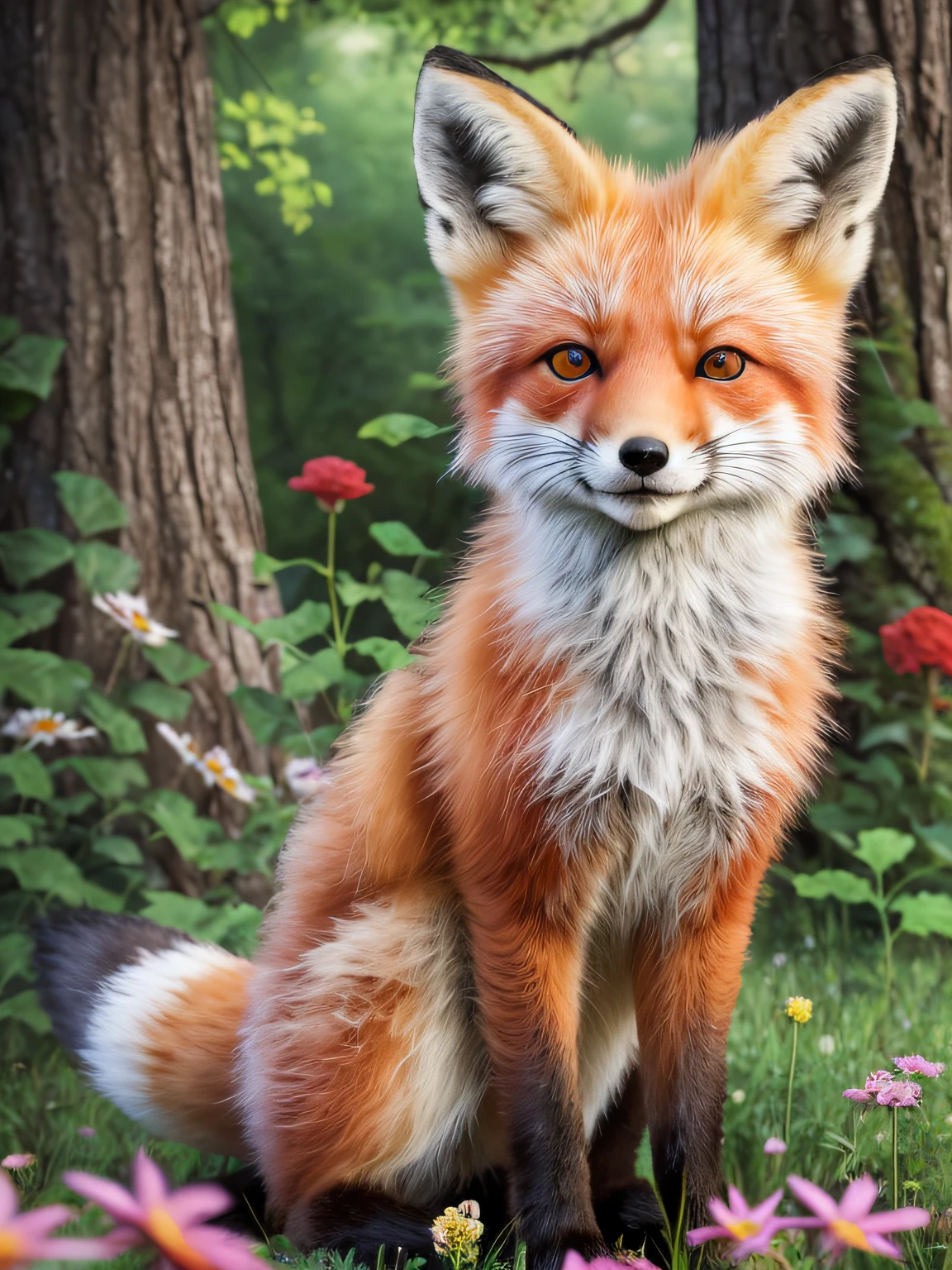 Epic realistic photography, Drawing of a cute little child (red fox) surrounded by beautiful flowers and trees in a forest glade