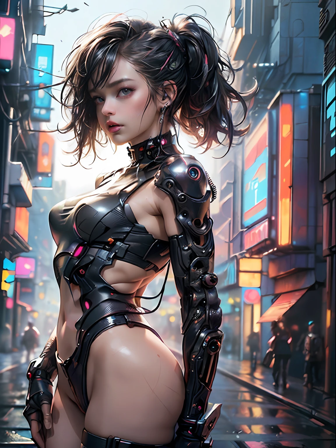 cyber punk Girl,(top-quality、8K、32K、masterpiece、nffsw:1.3)、(The ultra -The high-definition)、(Photorealsitic:1.4)、Raw photography、The upper part of the body,Charming perfect figure,actionpose:1.2,Detailed cyberpunk fashion、World of Cyberpunk,depth of fields,blurry backround,、