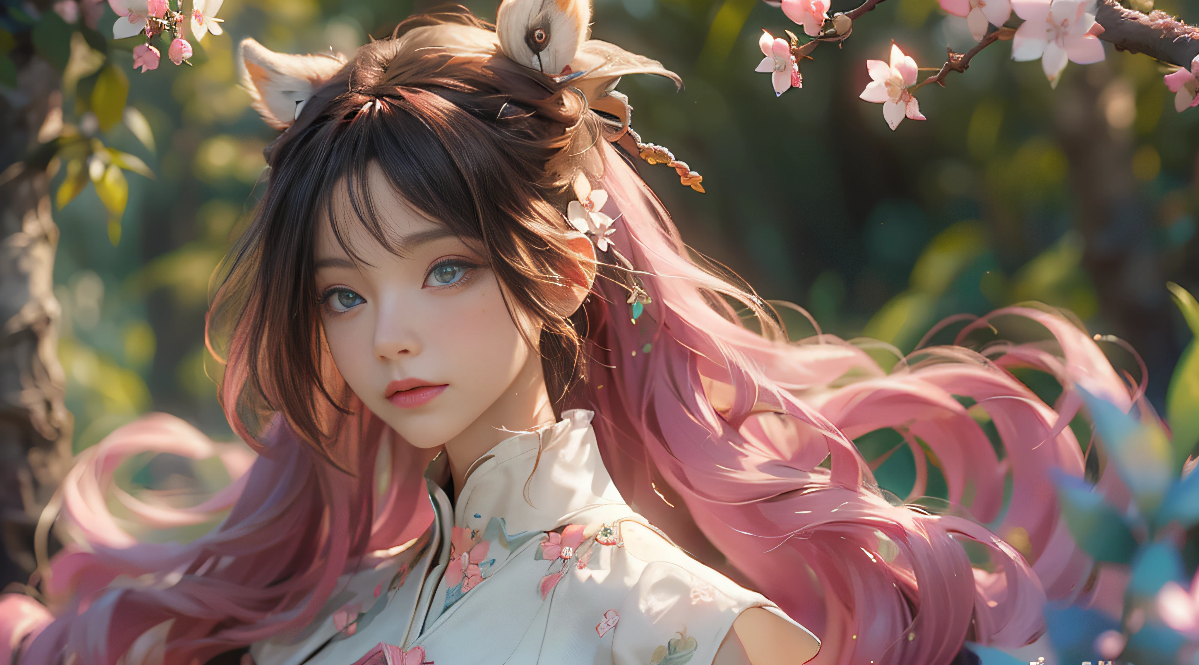 ((best qualtiy)), ((tmasterpiece)), (detail:1.4), Beautiful cyberpunk female images,hdr(HighDynamicRange),Ray traching,NVIDIA RTX,Hyper-Resolution,illusory 5,sub surface scattering,PBR textures,post-proces,Anisotropy Filtering,depth of fields,maximum definition and sharpness,Many-Layer Textures,Albedo e mapas Speculares,Surface coloring,Mitsu-Accurate simulation of material interactions,perfectly proportioned,rendering by octane,Two-colored light,largeaperture,Low ISO,White balance,Rule three points、8K raw data、Beautiful bright blue pupils,off-the-shoulder clothes,Fine pupils,Delicate face and eyes,long eyelasher,Blushlush,Delicate and fluffy hair,pink lip,Pure,Cute face,Sweet girl,Artistic sense,Casual wear,Advancedsense,butterflys,Cherry blossom petal,Beautiful hair accessories,Long hair and waist,Hair fluttering in the wind,foxears,curlies