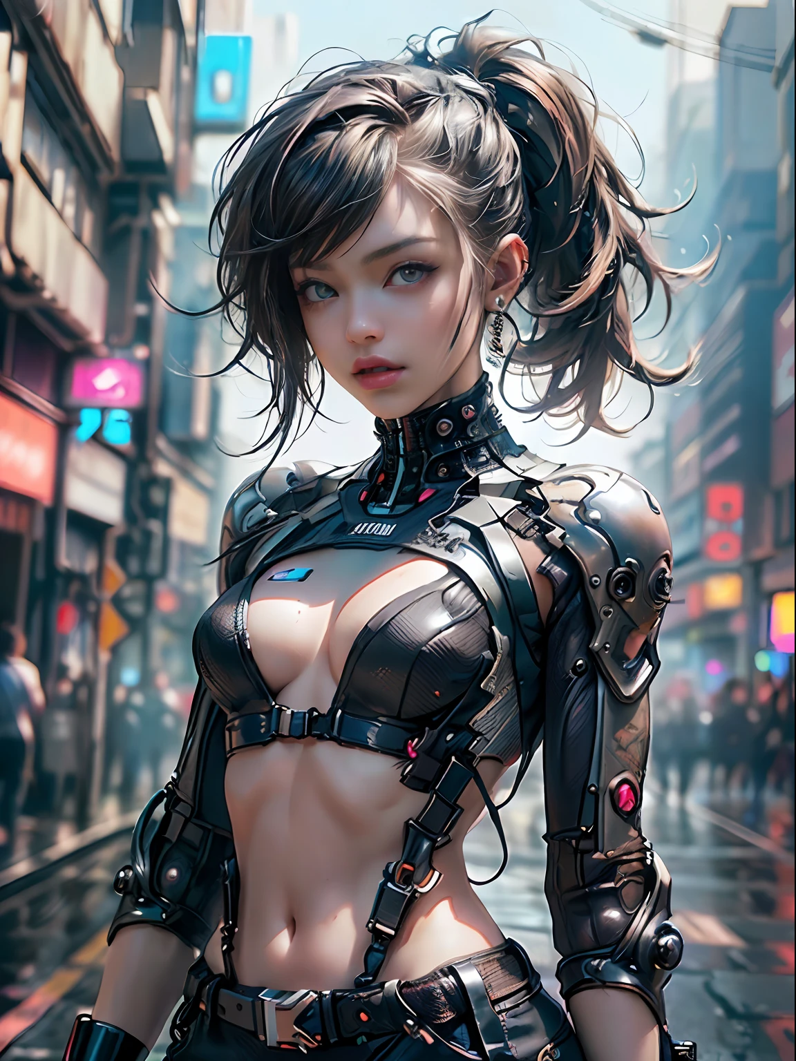 cyber punk Girl,(top-quality、8K、32K、​masterpiece、nffsw:1.3)、(The ultra -The high-definition)、(Photorealsitic:1.4)、Raw photography、The upper part of the body,Charming perfect figure,actionpose:1.2,Detailed cyberpunk fashion、World of Cyberpunk,depth of fields,blurry backround,、