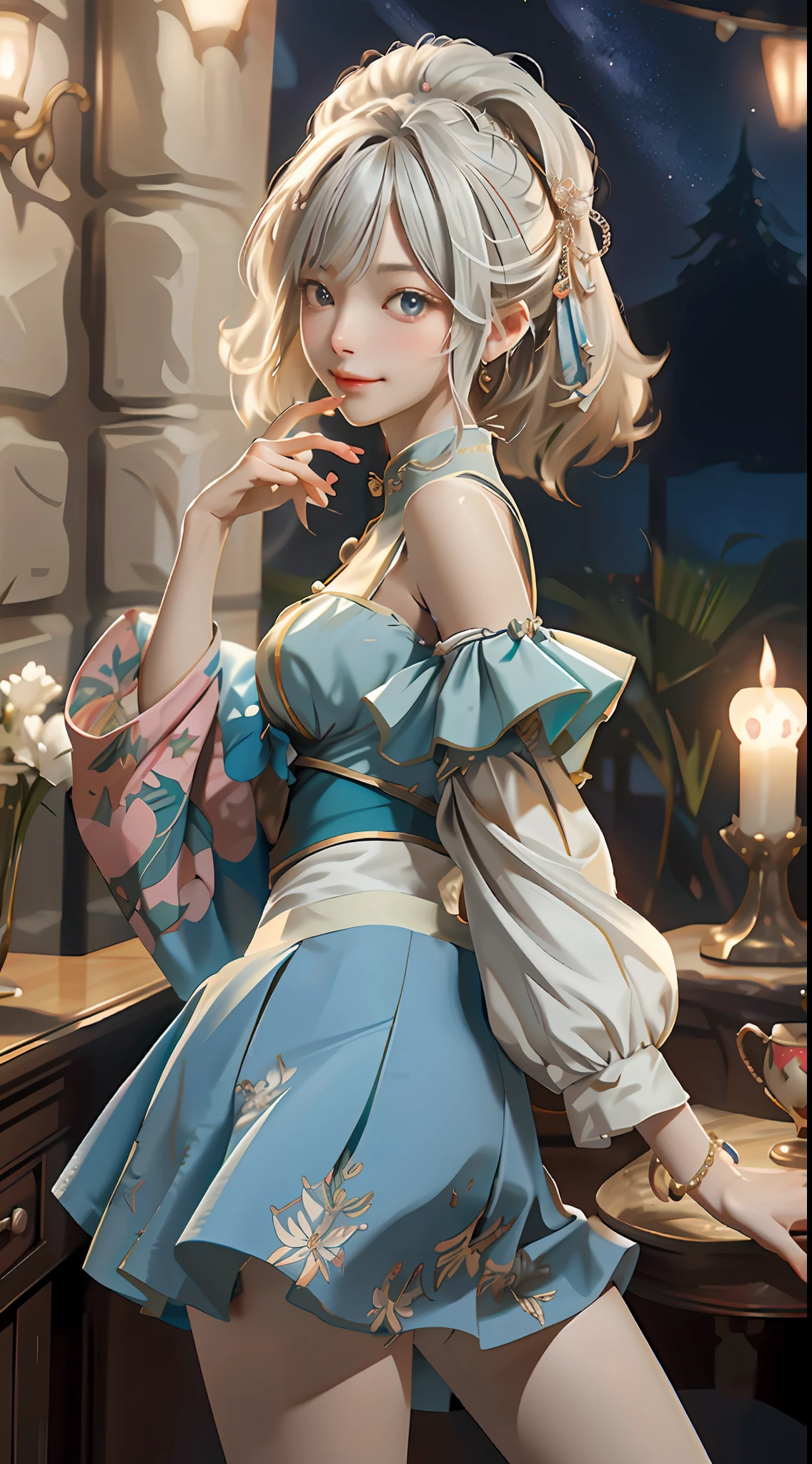 （down view），dynamic angle，ultra - detailed，illustratio，closeup cleavage，Looking directly at，1girll，（（souryuu asuka langley，cropped shoulders，short  skirt：1.4，White-haired girl）），Her eyes shone like dreamy stars，（Glowing eyes：1.233），（beautiful and detailed eye：1.1），（expressiveless，Keep your mouth shut），（standing on your feet），（the night：1.2），Dream-like，[[Delicate fingers and hands：0.55]：：0.85]，（detail finger），